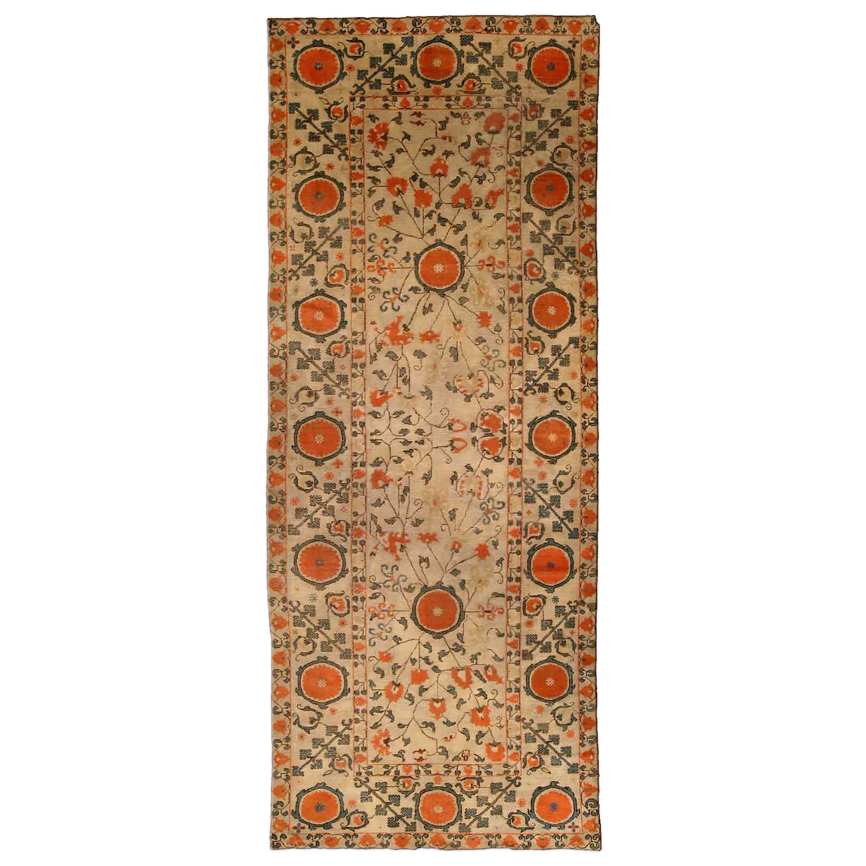 19th Century Samarkand Orange Handmade Wool Rug For Sale