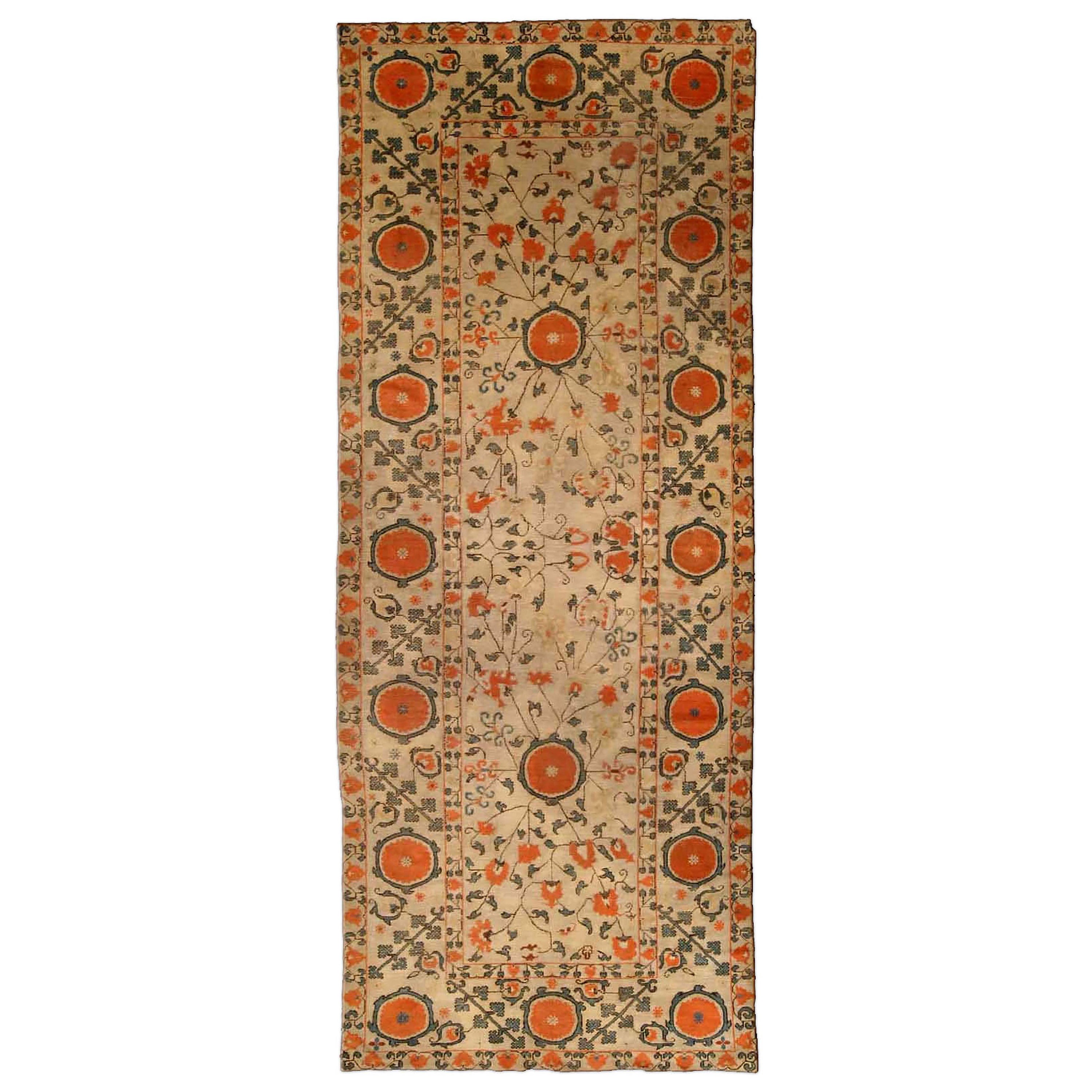 Samarkand Orange Handgefertigter Wollteppich aus dem 19. im Angebot