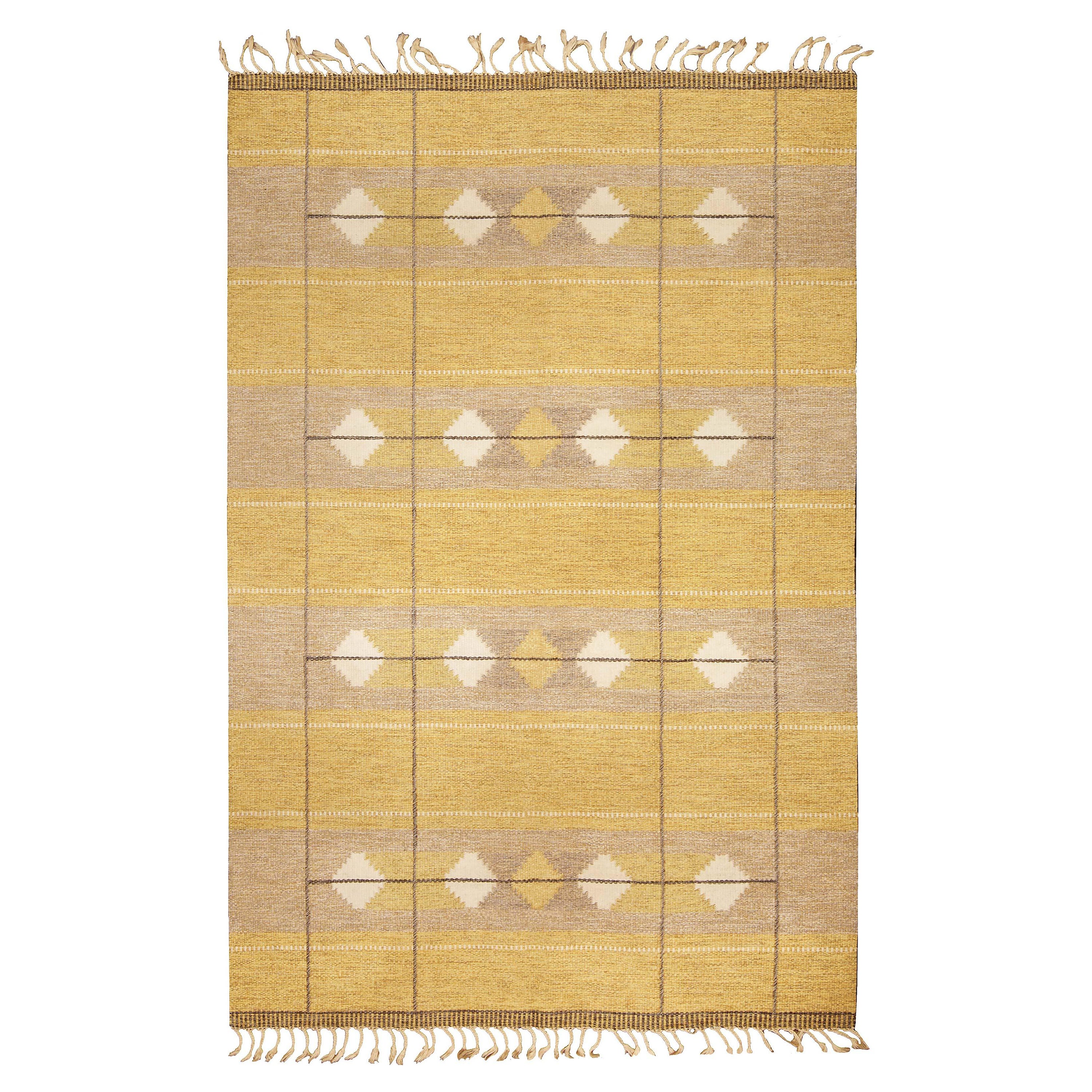 Midcentury Swedish Yellow Flat-Weave Wool Rug