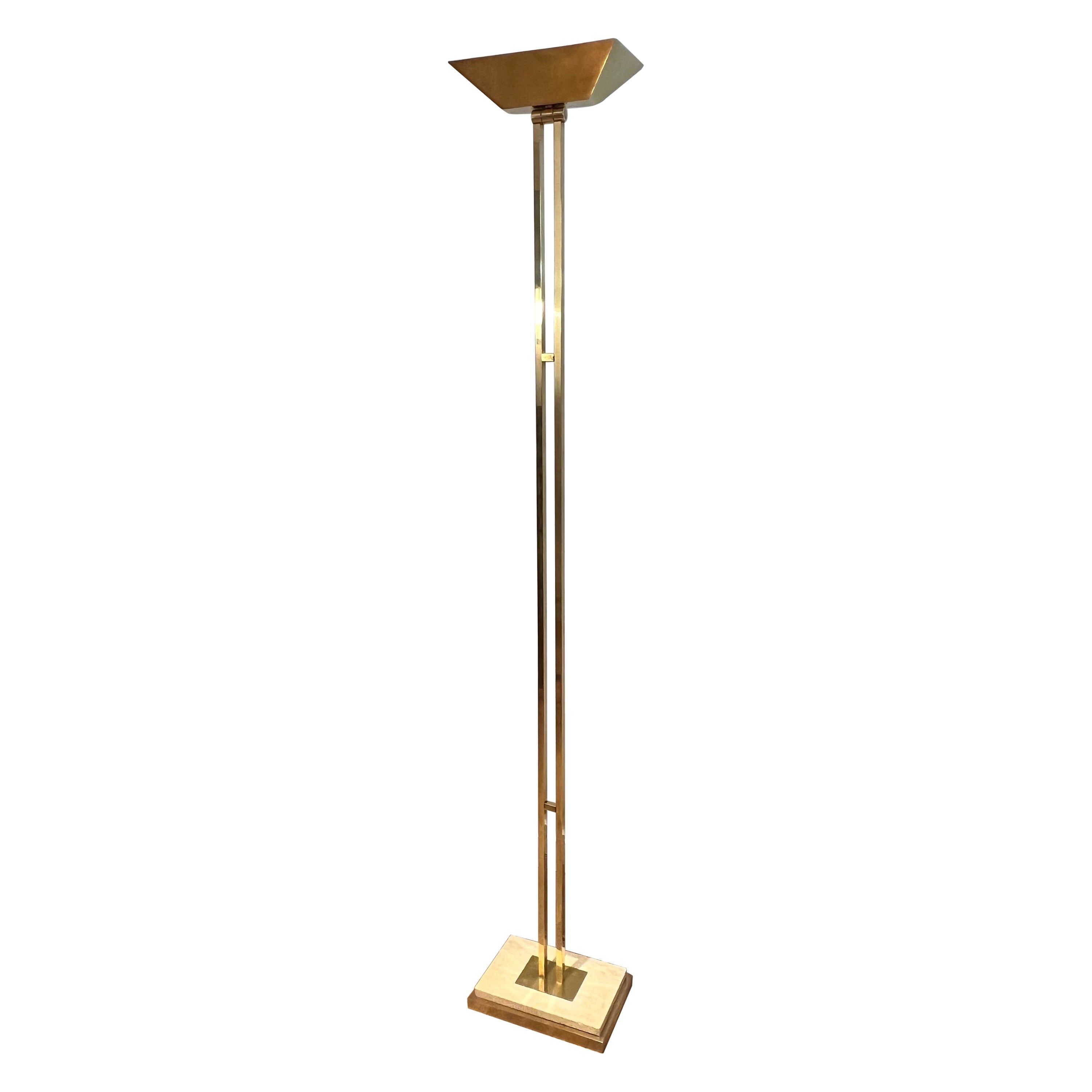 Brass Parquet Floor Lamp on a Travertine Base For Sale