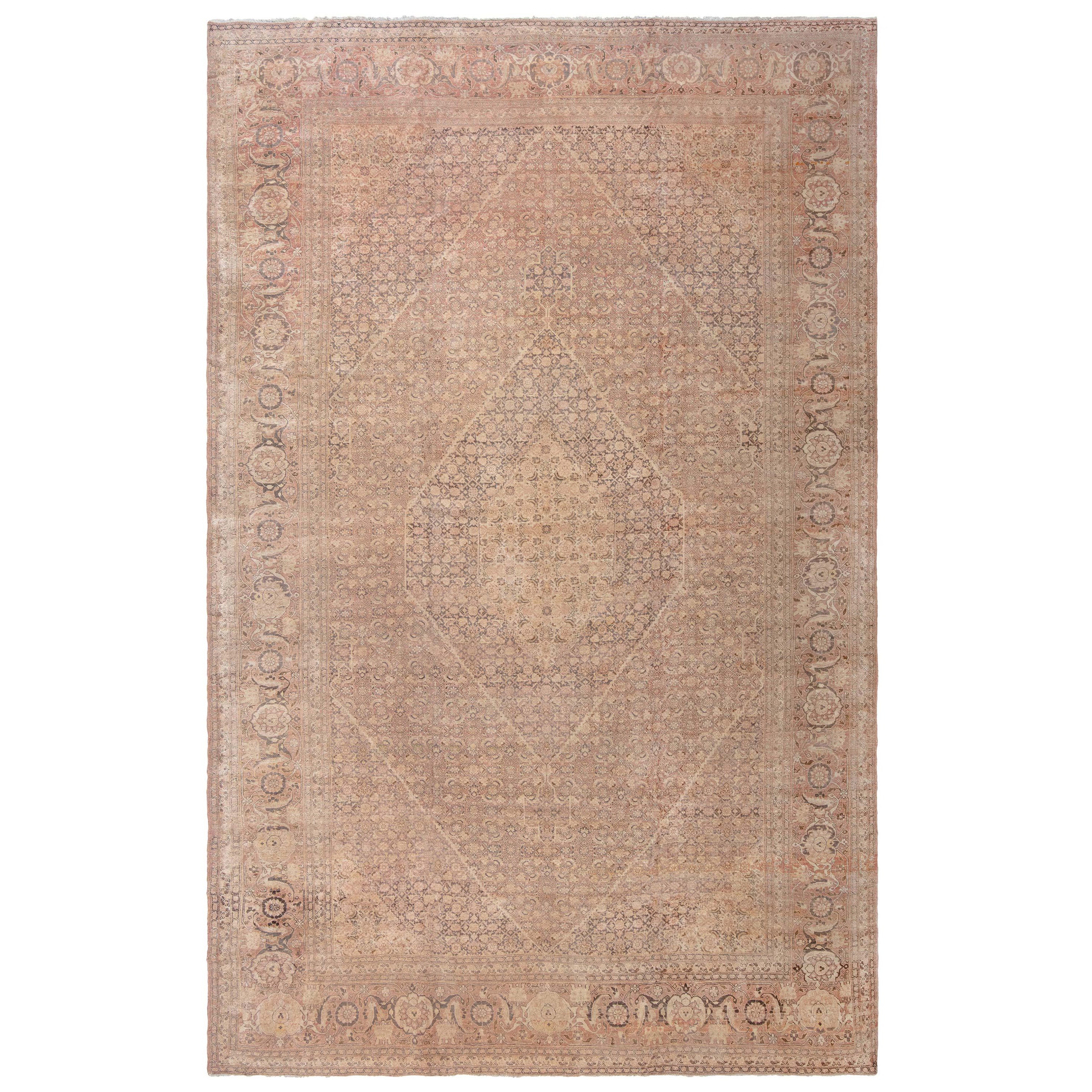 Antique Persian Tabriz Brown Handmade Wool Carpet For Sale