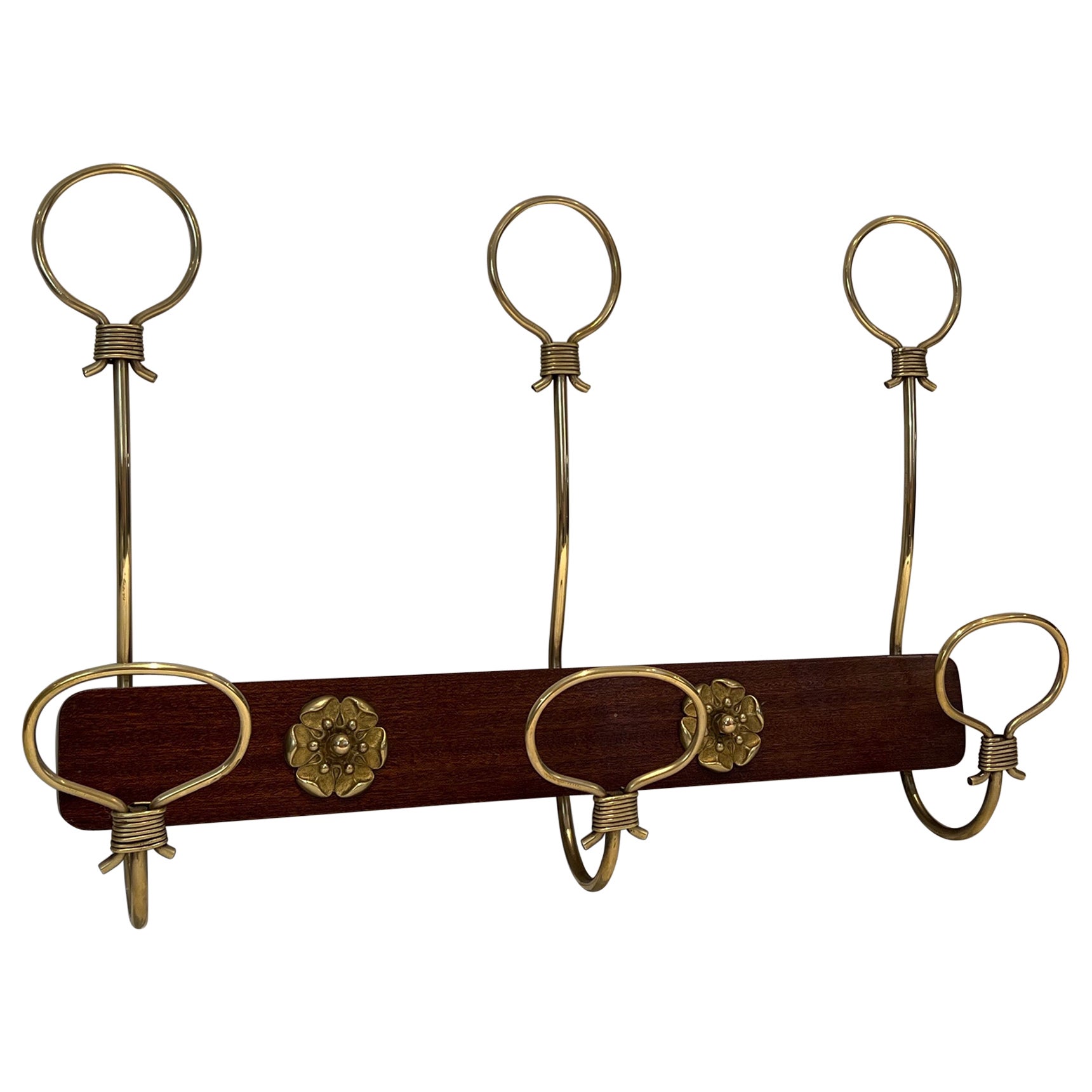 Mahogany and Brass Wall-Mounted Coat Rack For Sale