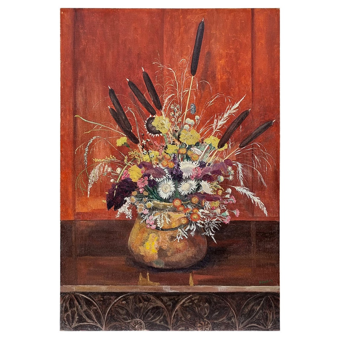 "Winter Flowers" Signed Fernand Dubich, Large Oil Painting from 1958 For Sale