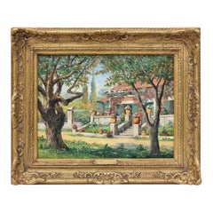 "Maison en fleurs en été" par Pauline Delacroix-Garnier, peinture à l'huile circa 1900