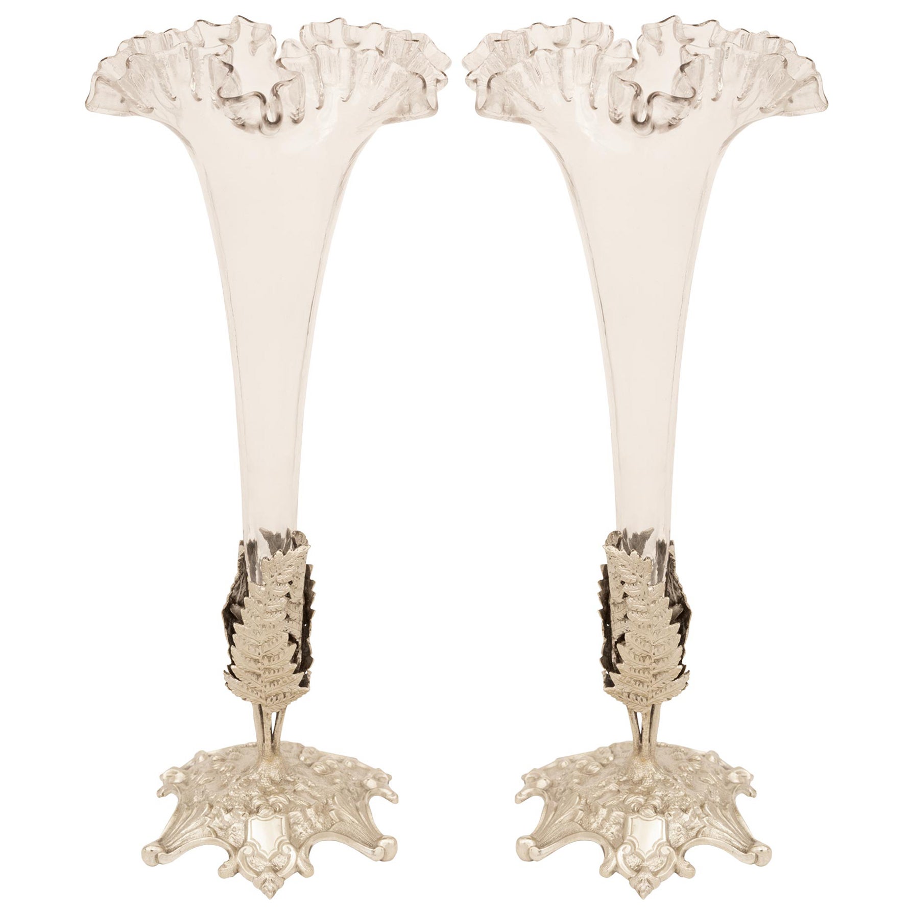 Pair Of French Turn Of The Century Louis XVI St. Silvered Bronze And Glass Vases For Sale