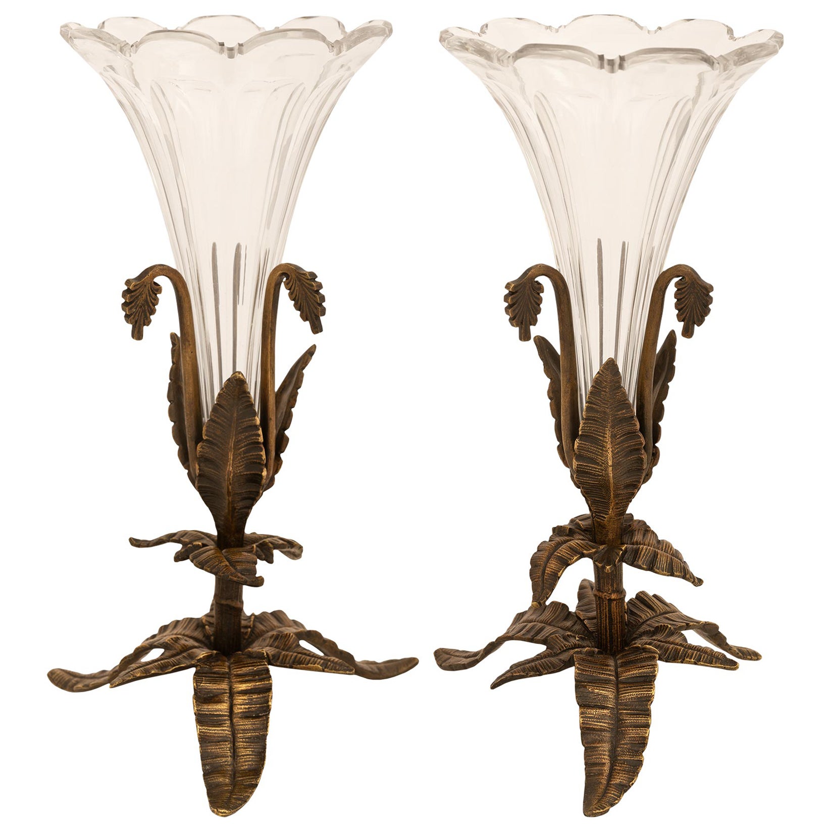 Pair Of French Turn Of The Century Louis XVI St. Bronze & Baccarat Crystal For Sale