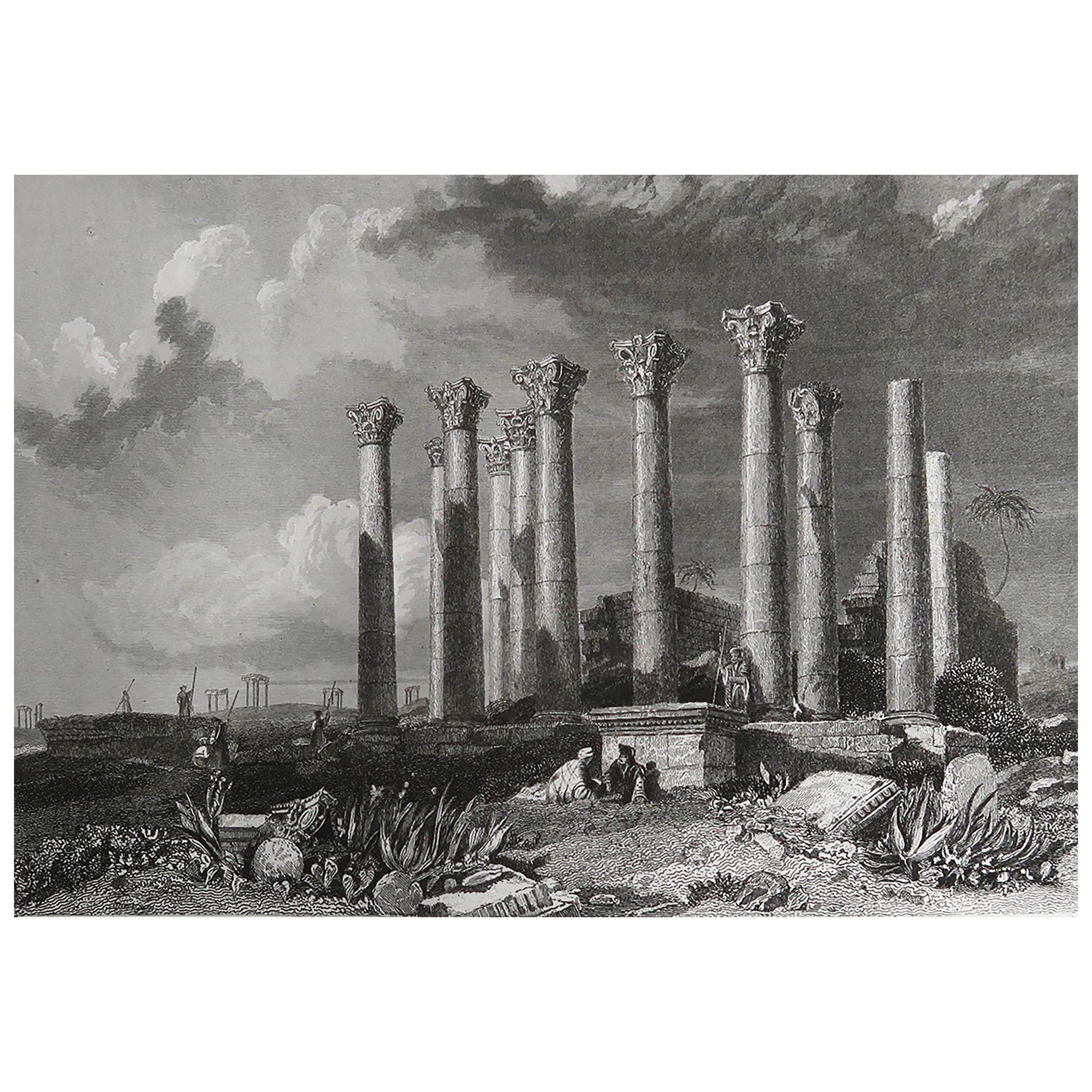 Original Antique Print of Roman Temple of Artemis, Jerash, Jordan, C.1840 For Sale
