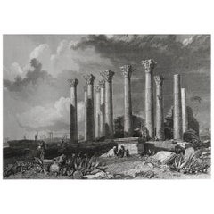 Original Antique Print of Roman Temple of Artemis, Jerash, Jordan, C.1840