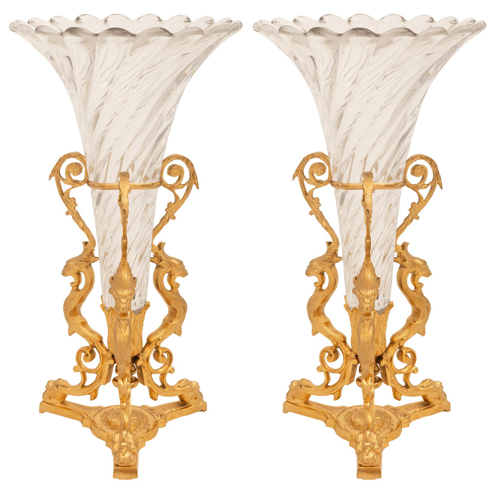 Pair Of French 19th Century Renaissance St. Ormolu And Crystal Vases For Sale