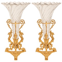 Paar französische Renaissance-Vasen aus Goldbronze und Kristall aus dem 19. Jahrhundert