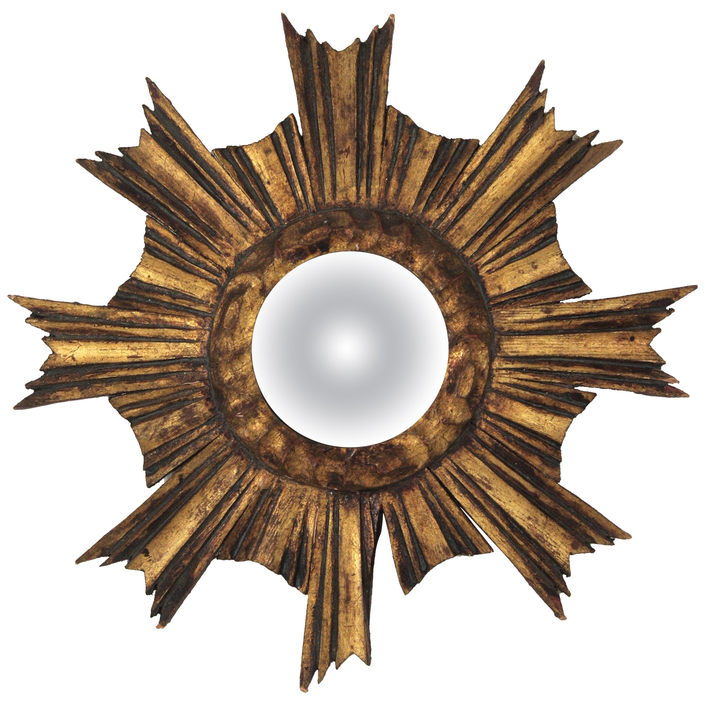 Spanish Baroque Sunburst Giltwood Convex Mirror in Small Scale