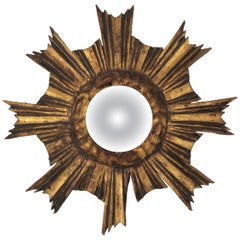 Antique Spanish Baroque Sunburst Giltwood Convex Mirror in Small Scale