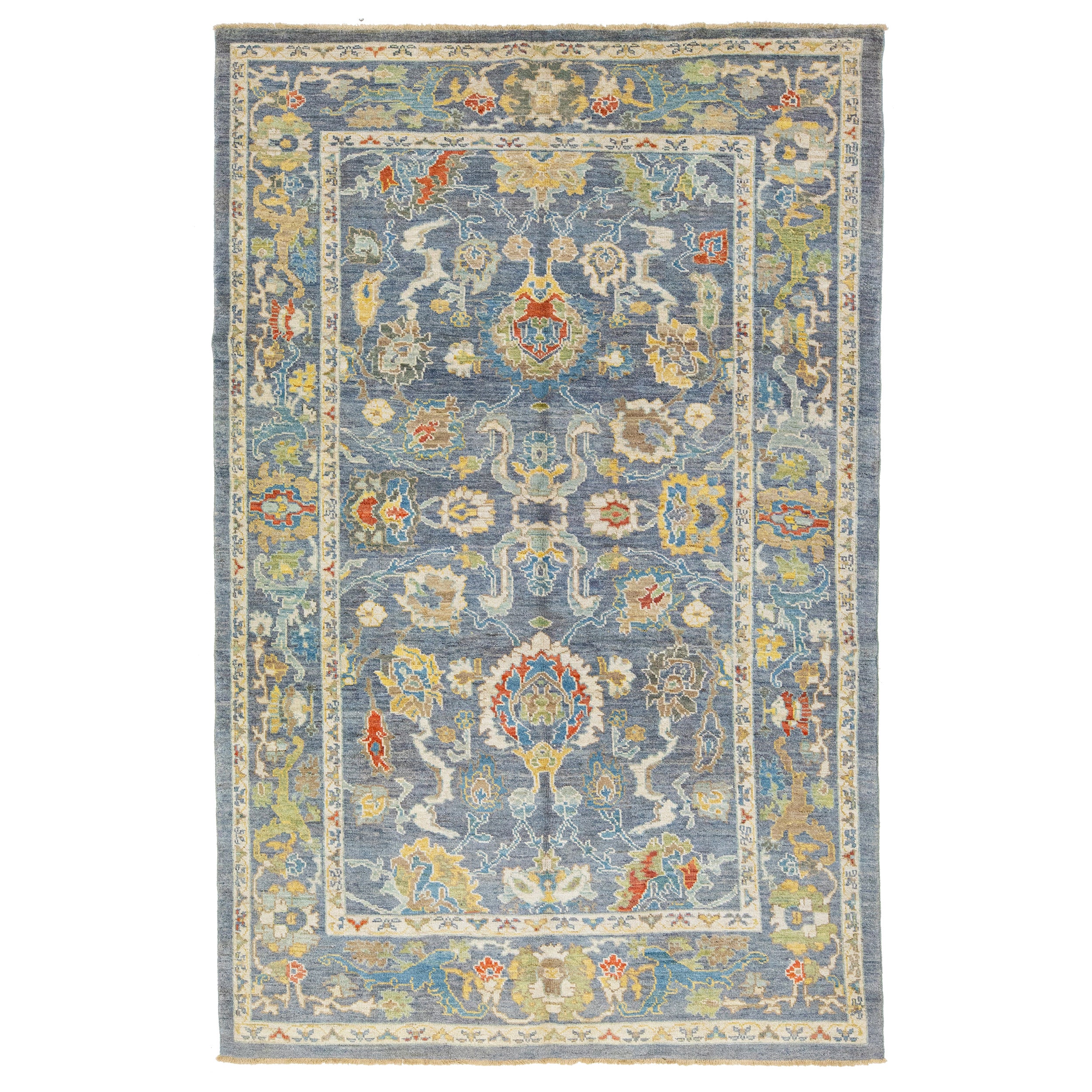 Modern Sultanabad Handmade Wool Rug Allover Floral In Blue For Sale