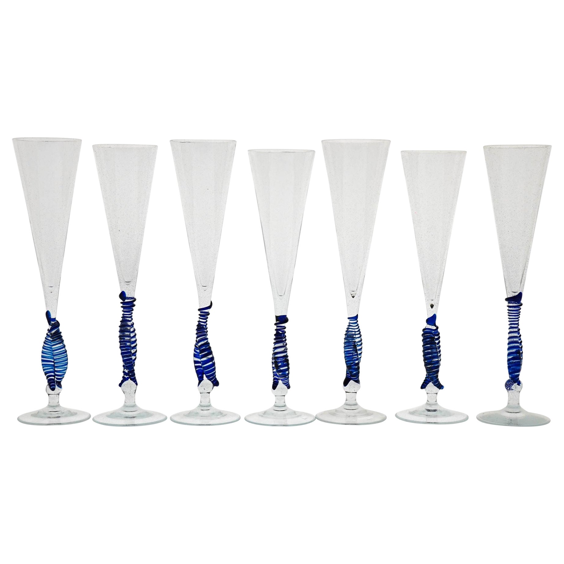 Set 7 Cenedese Ballerina Flutes, Cobalt bead and pulegoso Murano Glass, Signed For Sale