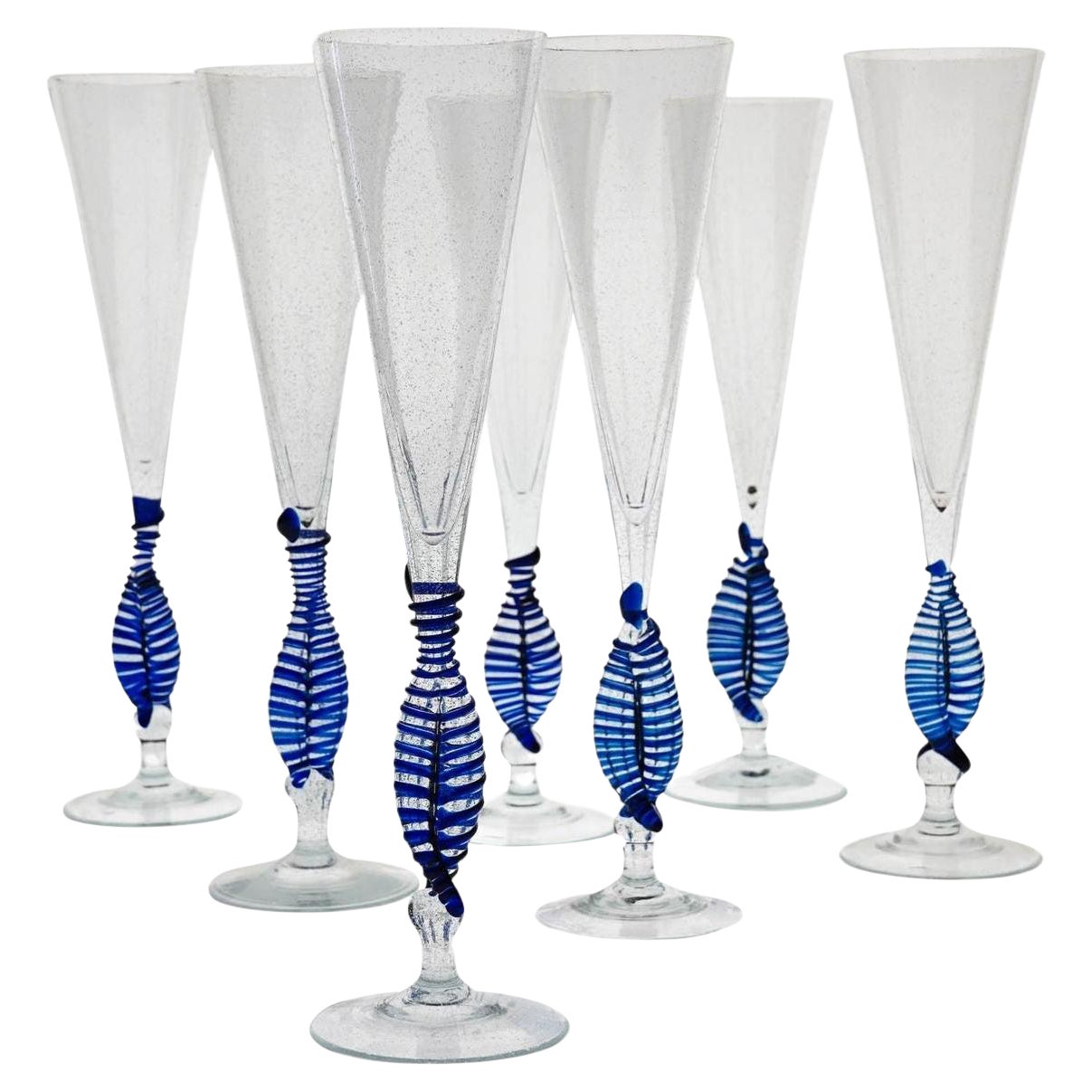 Set 7 Flauti Ballerina Cenedese, Vetro di Murano cobalto e pulegoso, Firmati