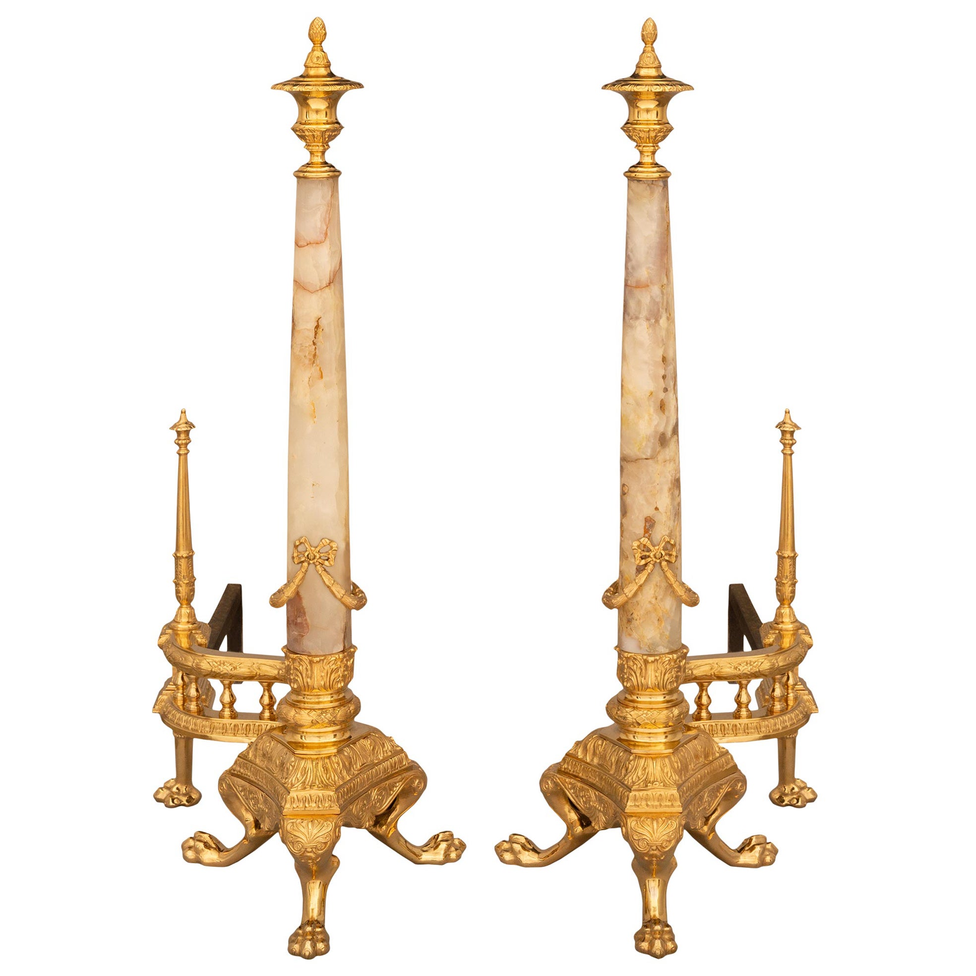 Pair Of French Louis Philippe Period Ormolu, Onyx And Wrought Iron Andirons For Sale