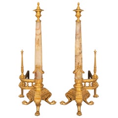 Antique Pair Of French Louis Philippe Period Ormolu, Onyx And Wrought Iron Andirons