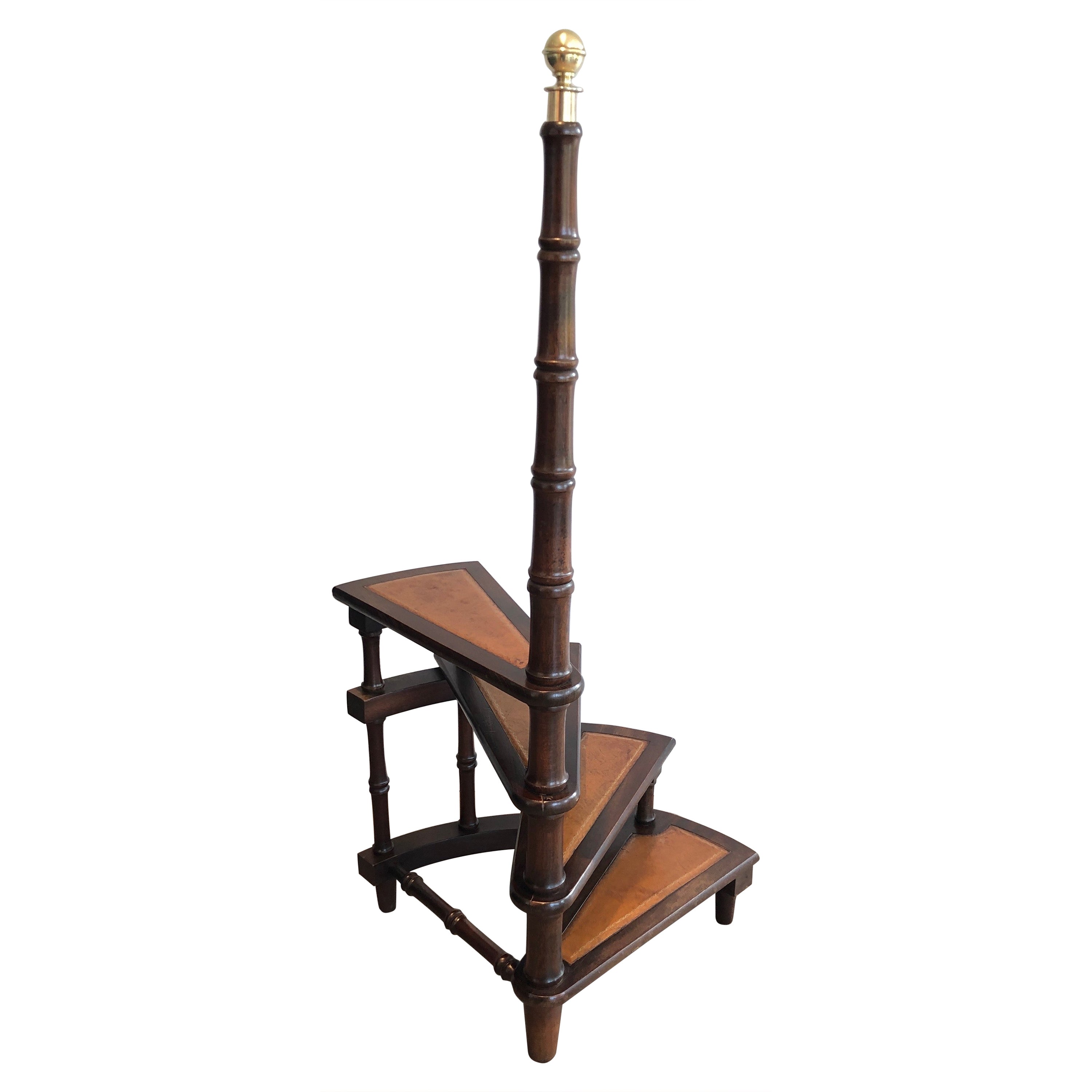 Library Stepladder in Wood, Leather and Brass For Sale