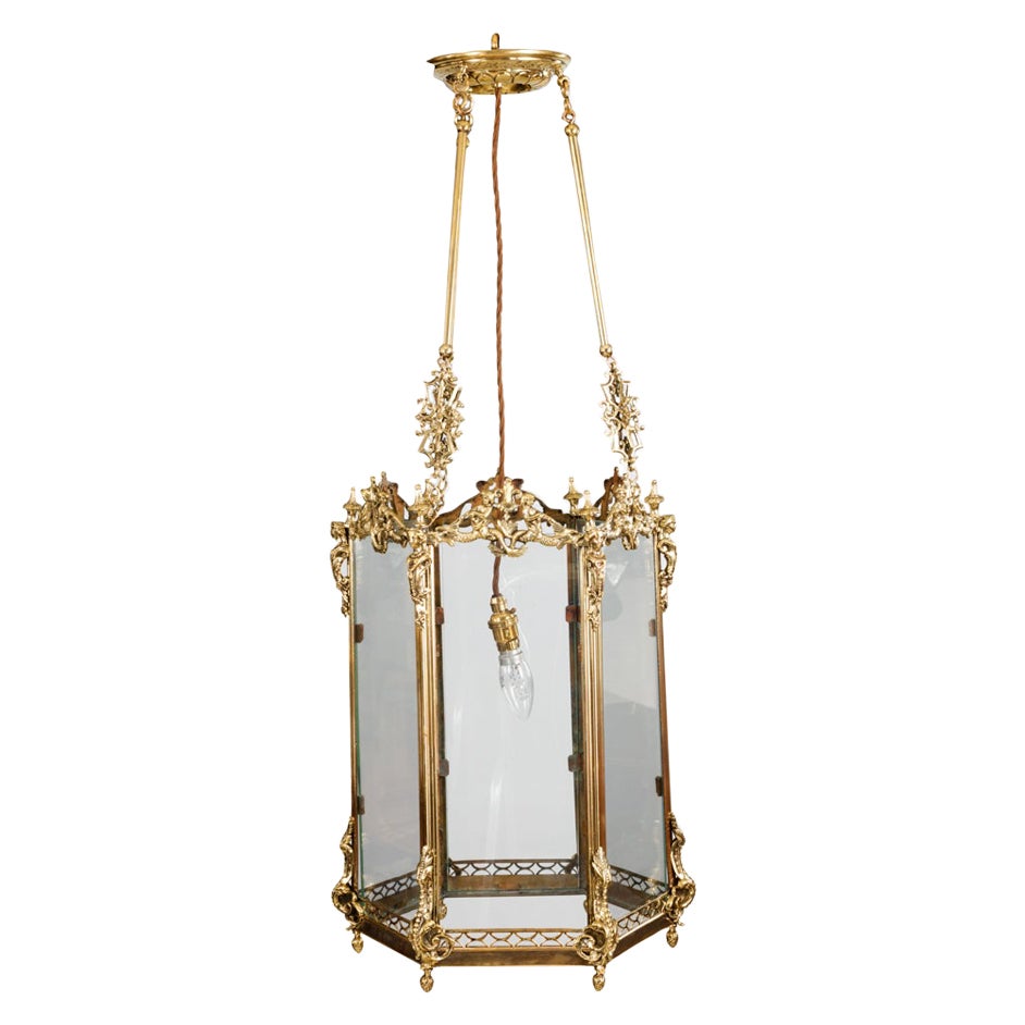 19th Century Brass Hexagonal Hall Lantern For Sale