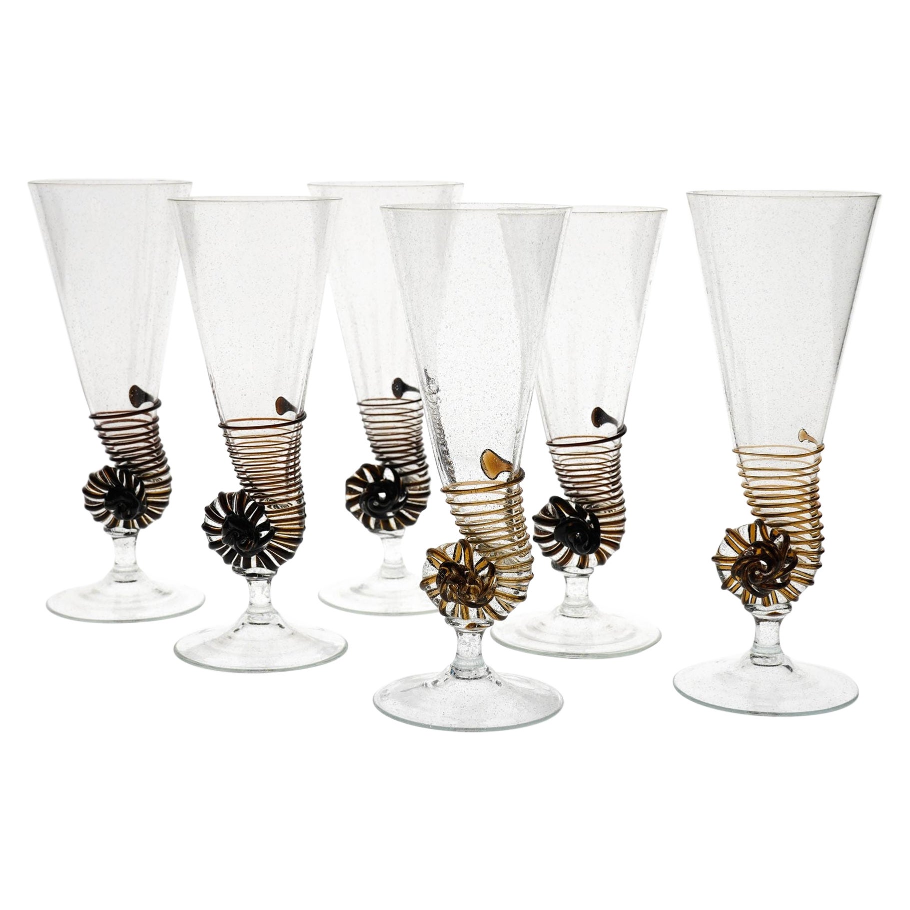 Six Cenedese Nautilus Flutes Set, Brown accent and Pulegoso Murano Glass signed For Sale