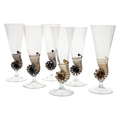 Used Six Cenedese Nautilus Flutes Set, Brown accent and Pulegoso Murano Glass signed