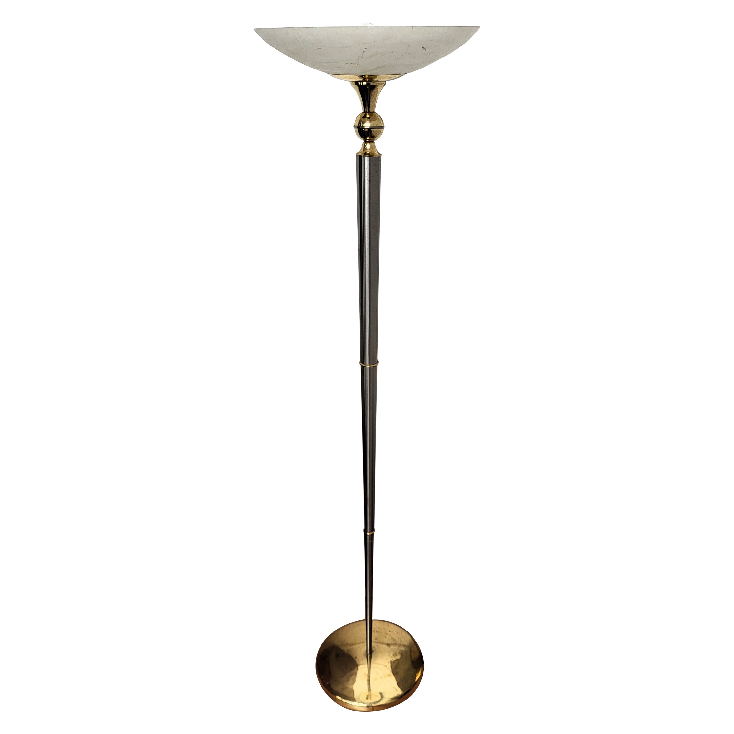 Italian Art Deco Midcentury Hollywood Regency Brass Glass Floor Lamp For Sale