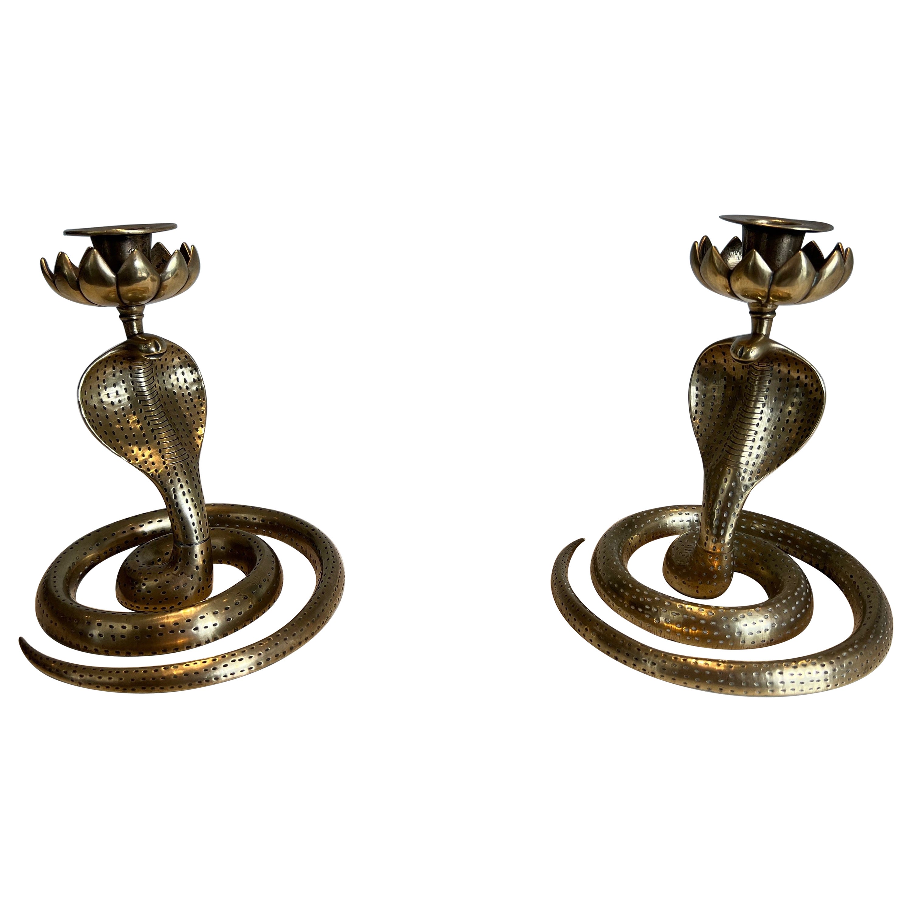 Pair of Chiseled Bronze Cobra Candlesticks For Sale