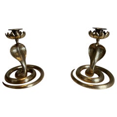 Used Pair of Chiseled Bronze Cobra Candlesticks