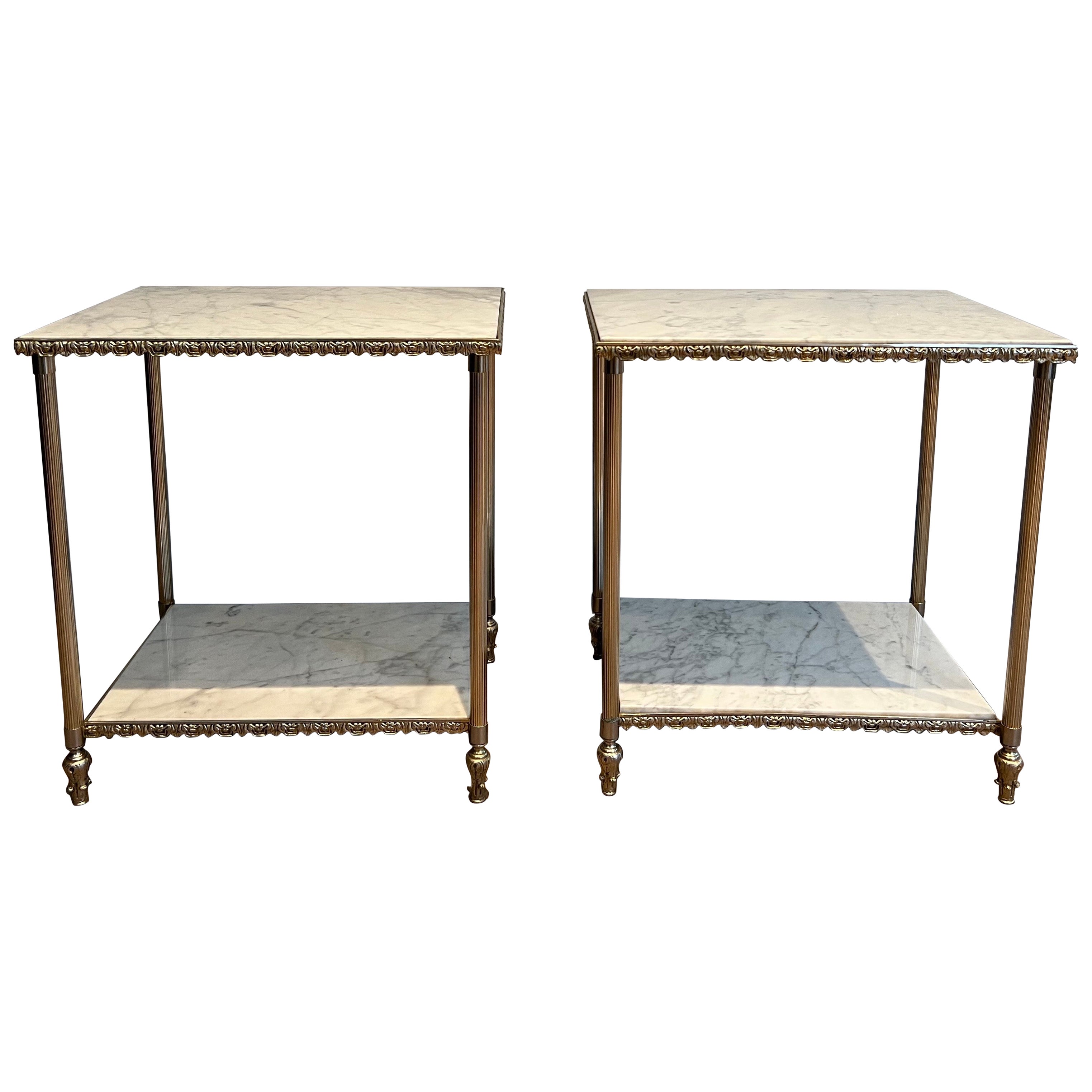 Pair of Silver Side Tables with Carrara Marble Top In the Style of Maison Jansen For Sale