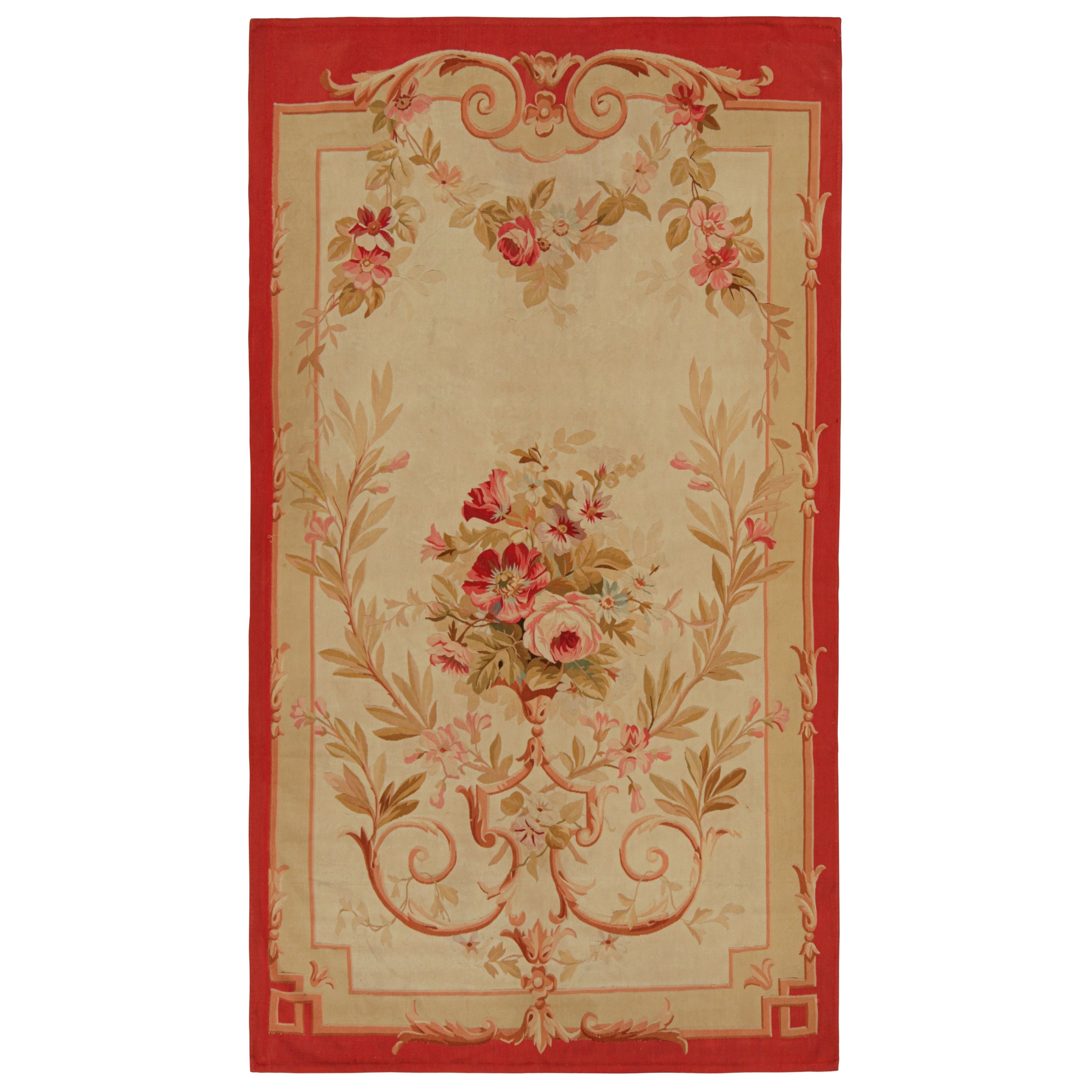 Antique Aubusson Flatweave Rug in Beige with Floral Patterns, from Rug & Kilim For Sale