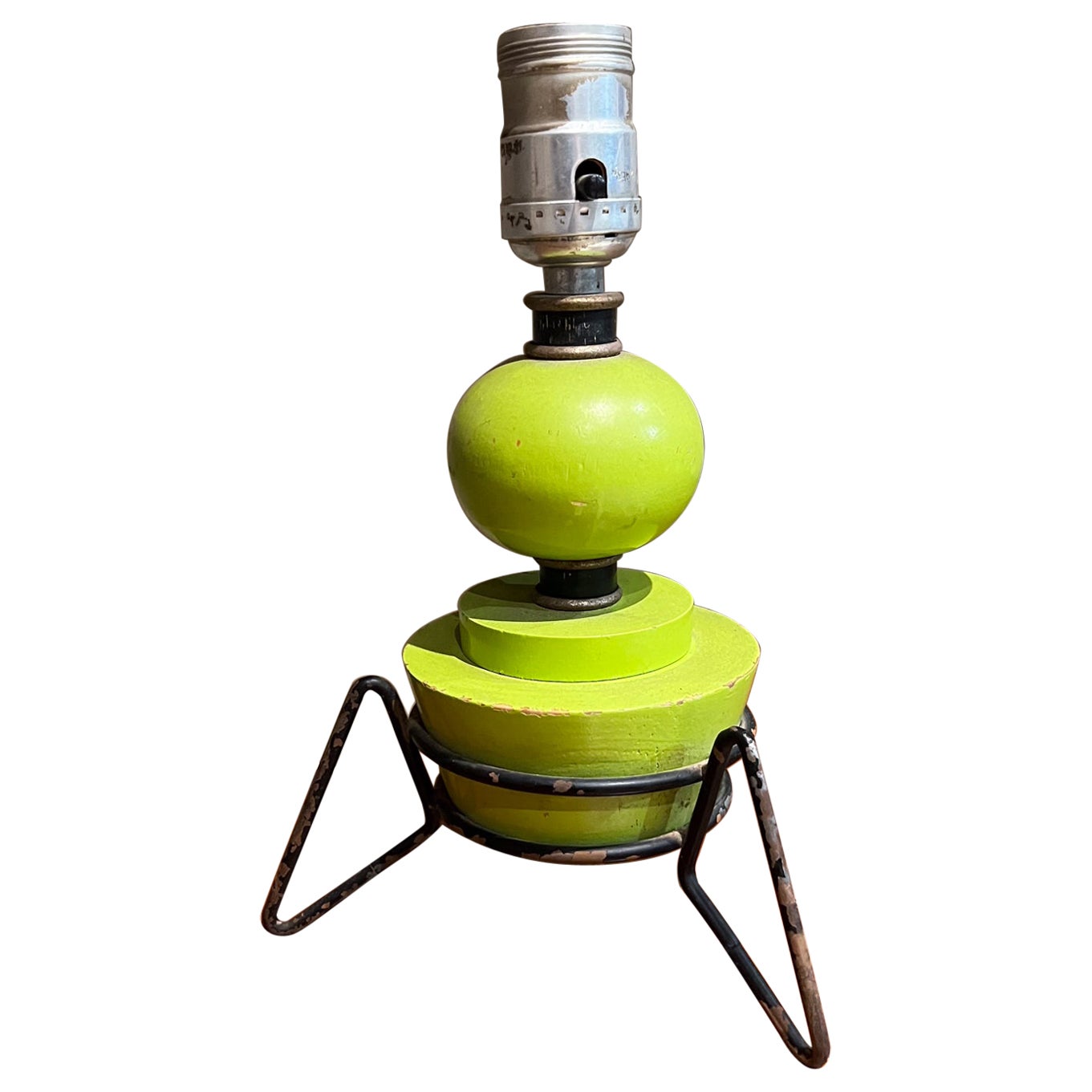 1960s Atomic Lime Green Wood Table Lamp Tripod Iron Base For Sale