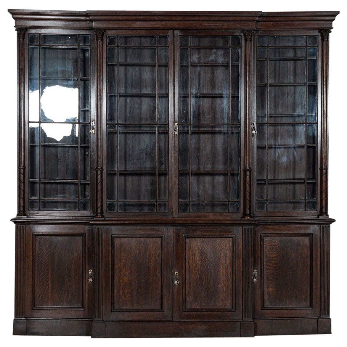 Large 19thC English Oak Glazed Breakfront Bookcase For Sale