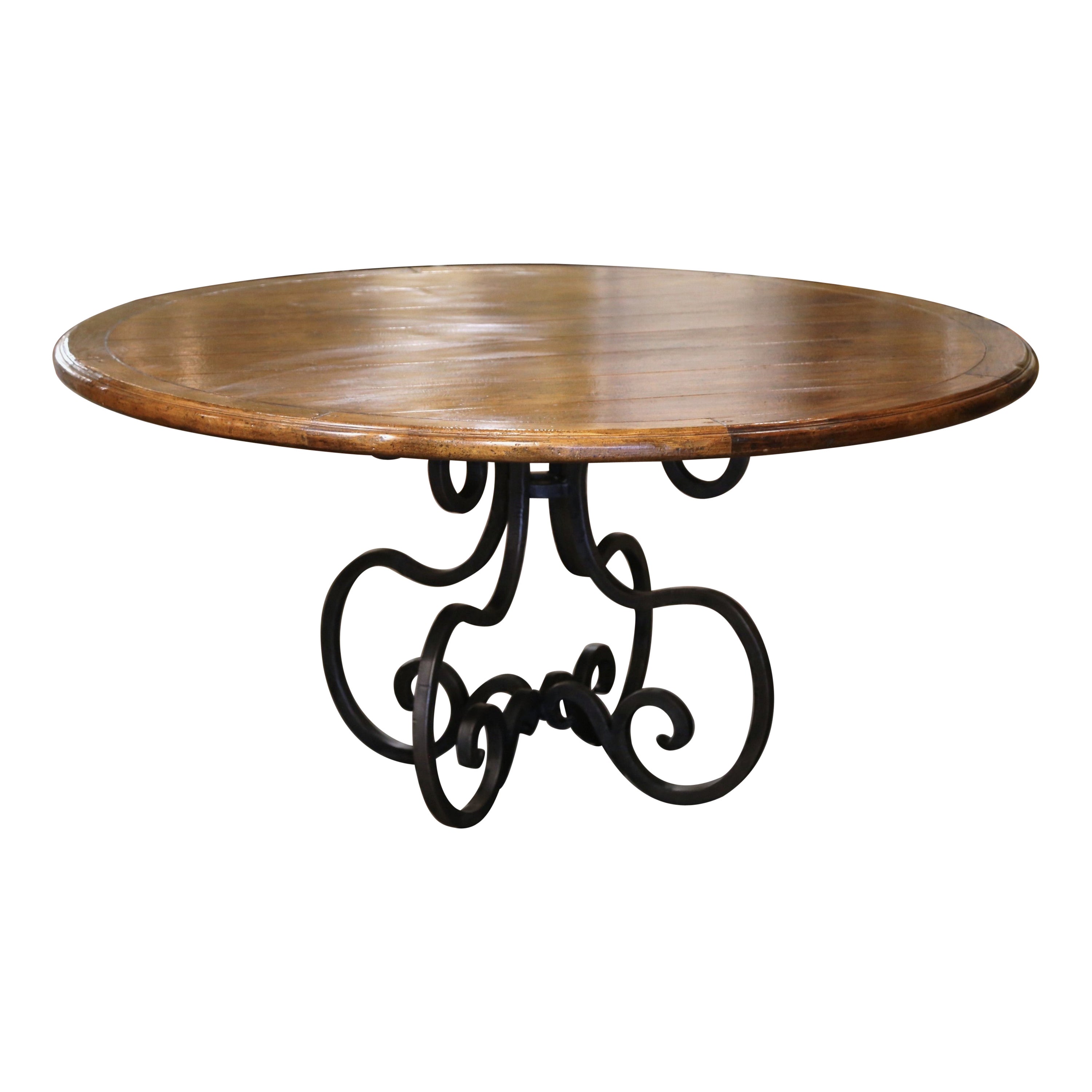 Vintage Carved Walnut Round Dining Table on Four-Leg Wrought Iron Base For Sale