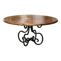Retro Carved Walnut Round Dining Table on Four-Leg Wrought Iron Base