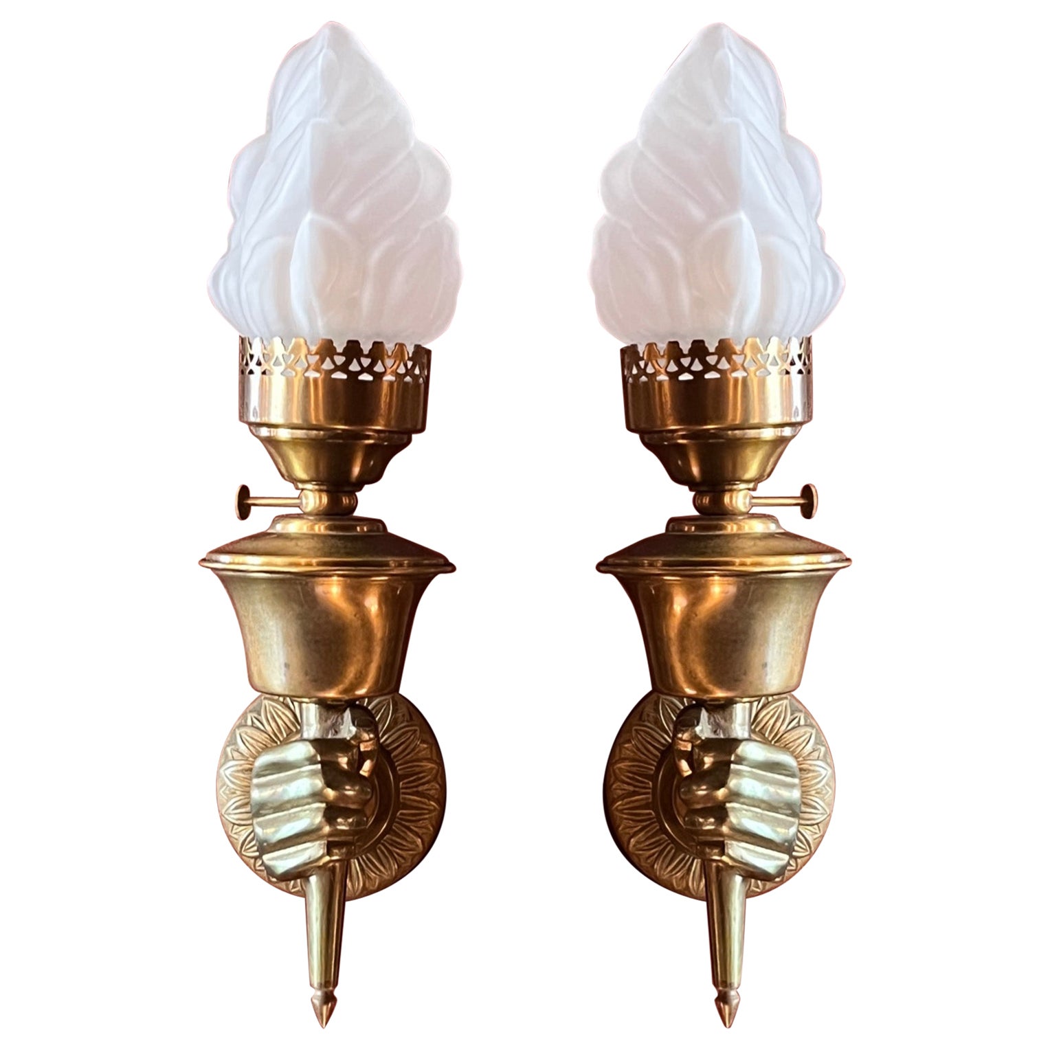 Pair Estate Brass & Glass Wall Light Sconces in Figural Hands, Circa 1940s-1950s For Sale