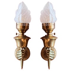 Pair Estate Brass & Glass Wall Light Sconces in Figural Hands, Circa 1940s-1950s
