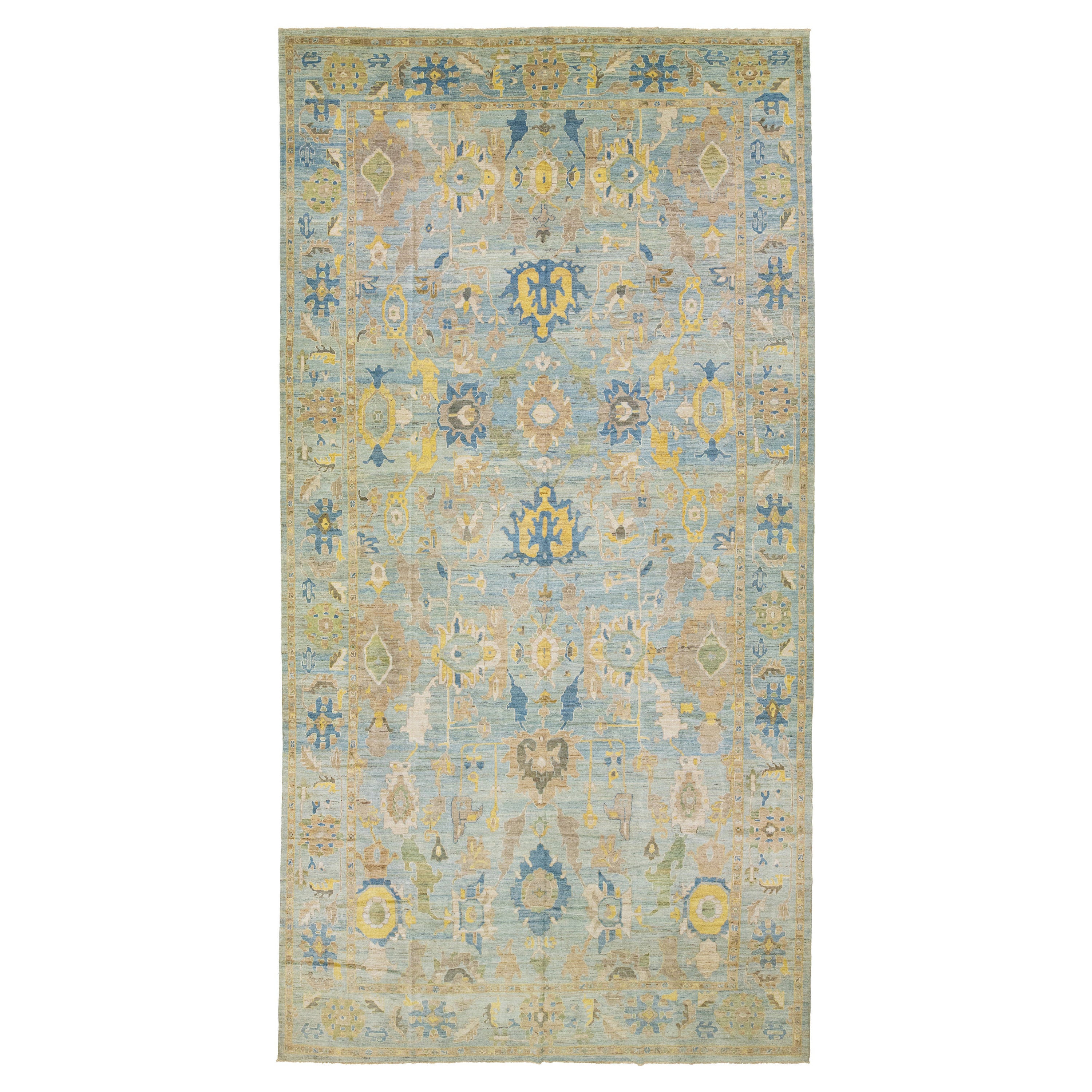 Blue Sultanabad Wool Rug Handmade with  Modern Allover Motif For Sale