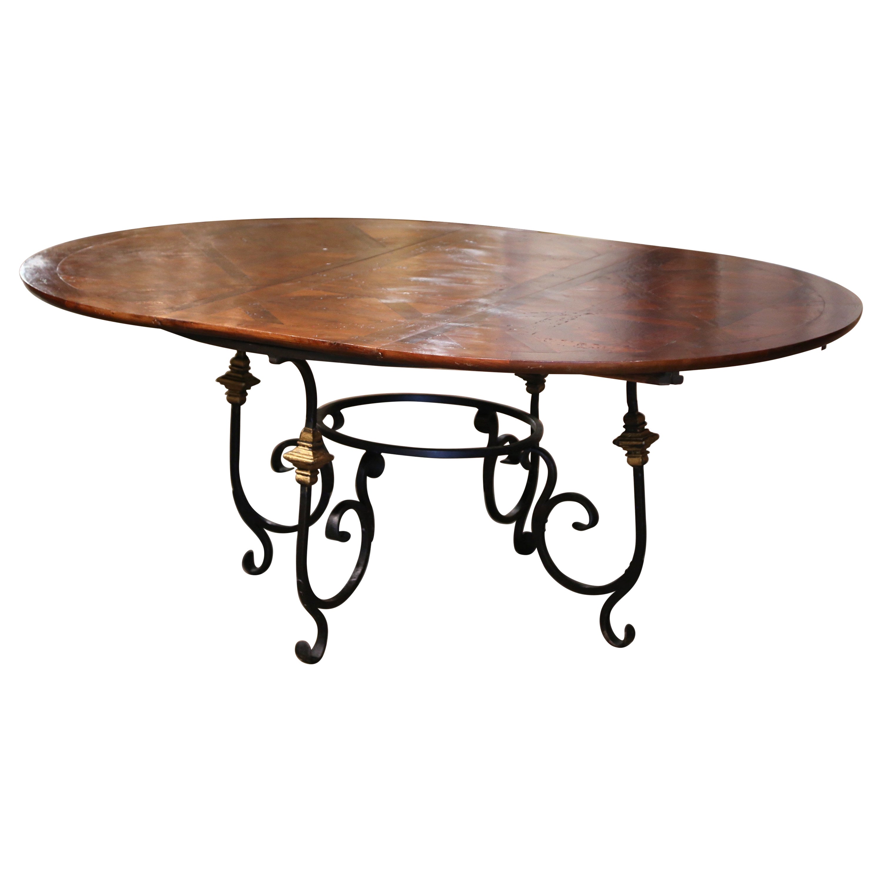 Mid-Century French Carved Walnut Dining Room Table on Wrought Iron Base w/ Leaf
