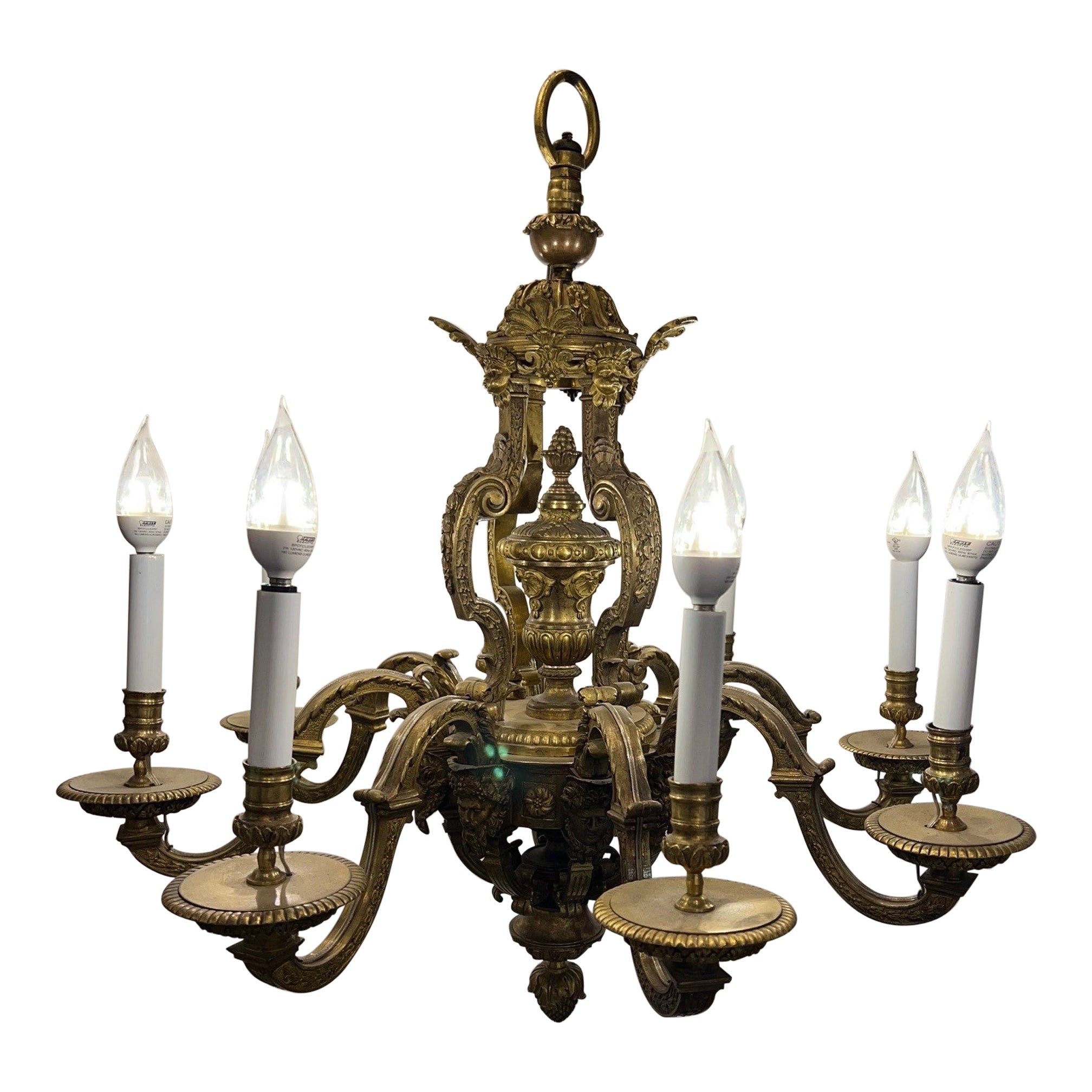 Antique 8 Arm Bronze 19th Cent. French Chandelier with Bacchus & Female Faces   For Sale