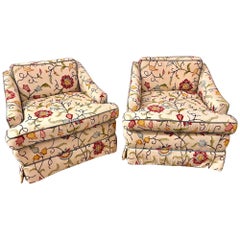 Pair of Upholstered Club Chairs on Castors in Floral Crewel Work