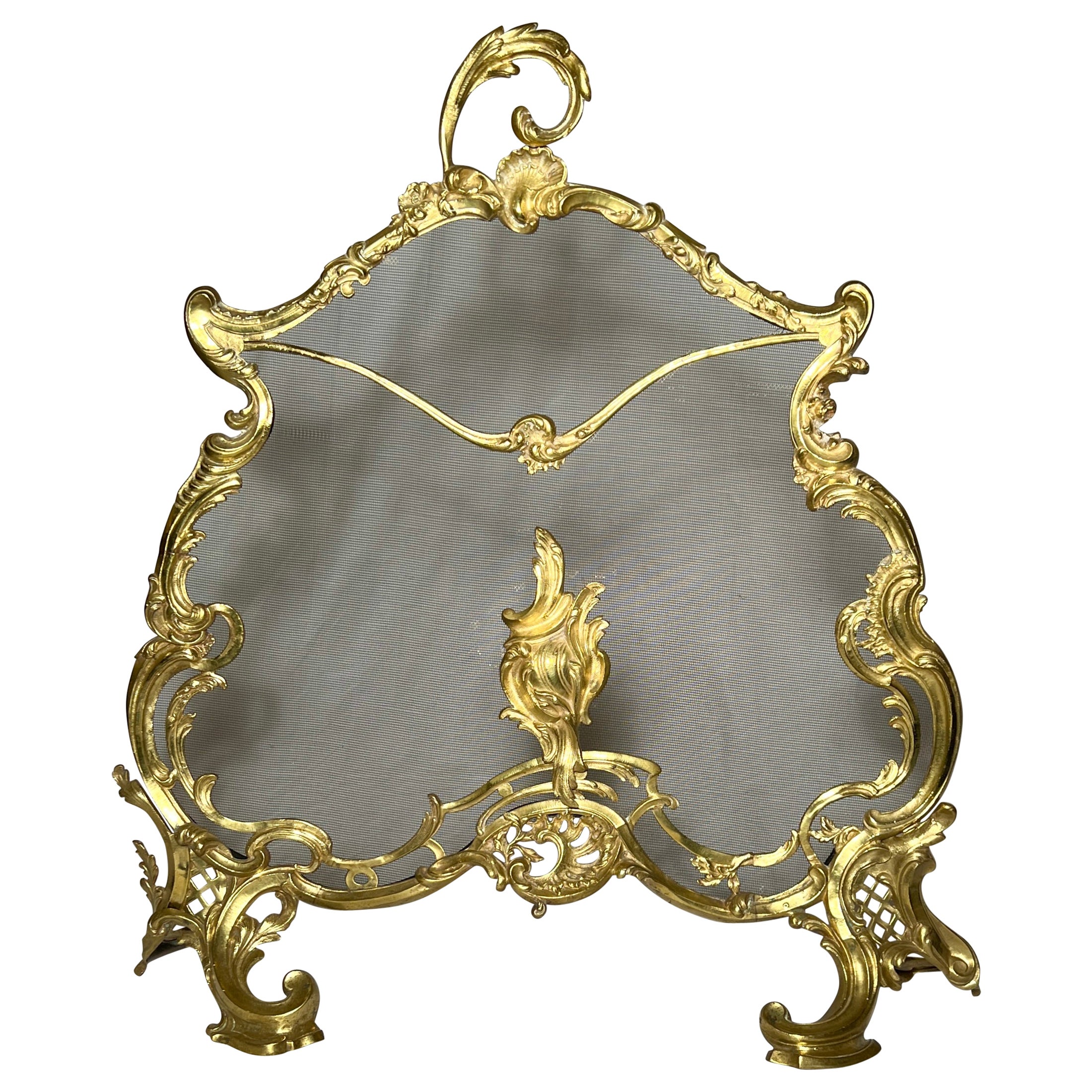 Antique French Louis XV Gold Bronze Fire Screen, Circa 1880. For Sale