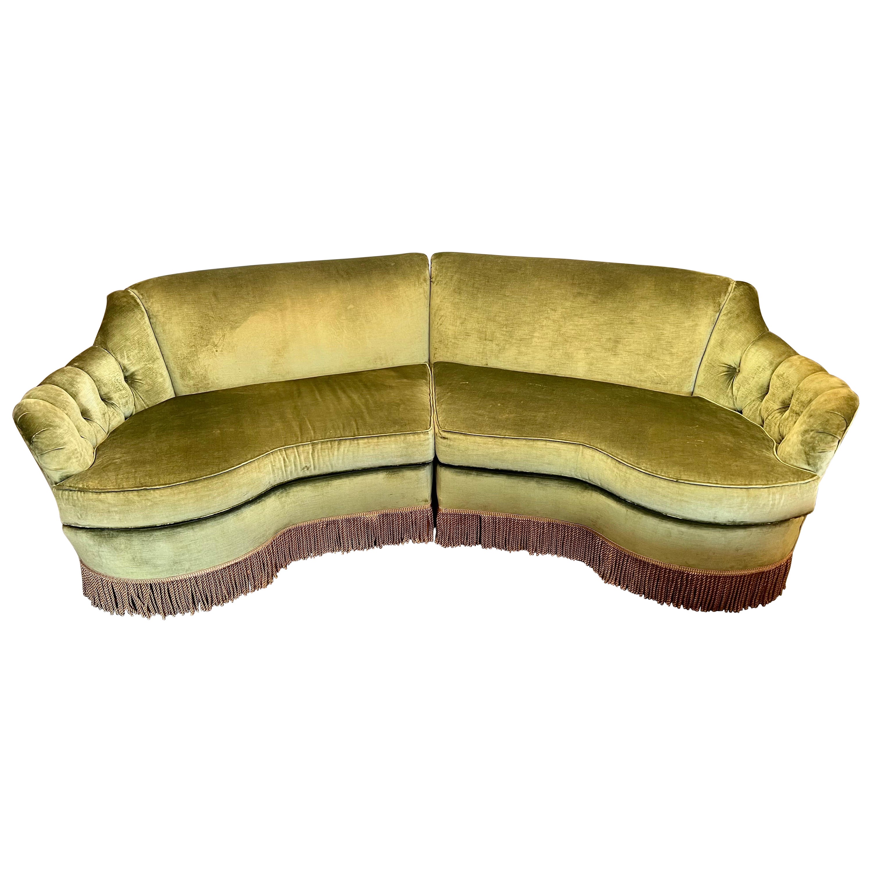 Art Deco Style Olive Green Velvet 2 Pc. Curved Banana Sofa