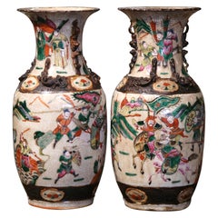 Antique Pair of 19th Century Chinese Hand Painted Glazed Ceramic Vases