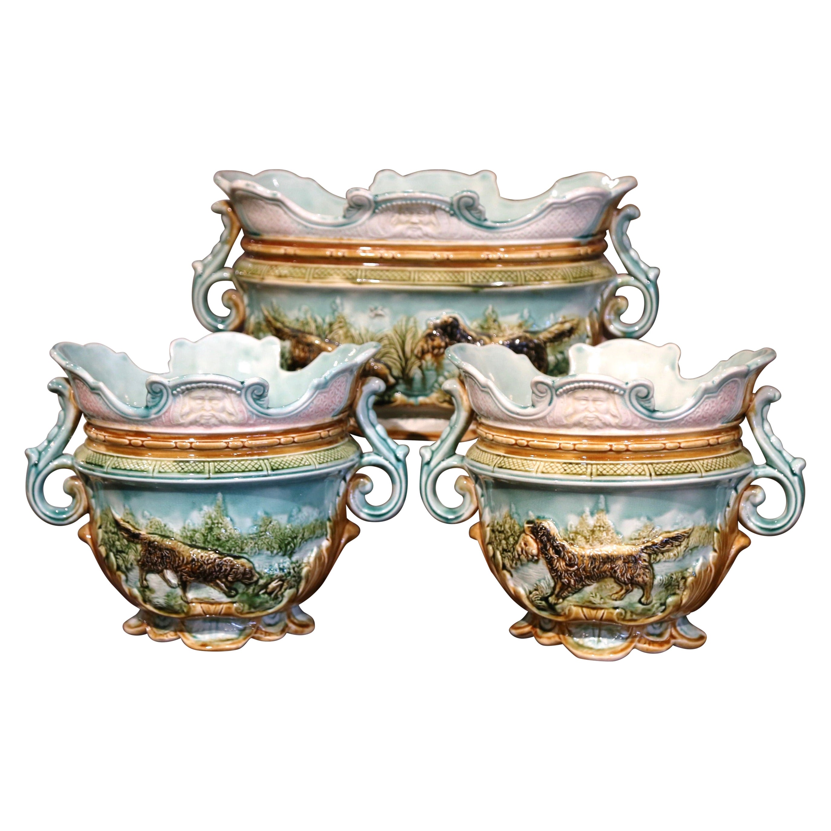 19th Century French Barbotine Hunt Motifs Cache Pots and Jardiniere, Set of 3