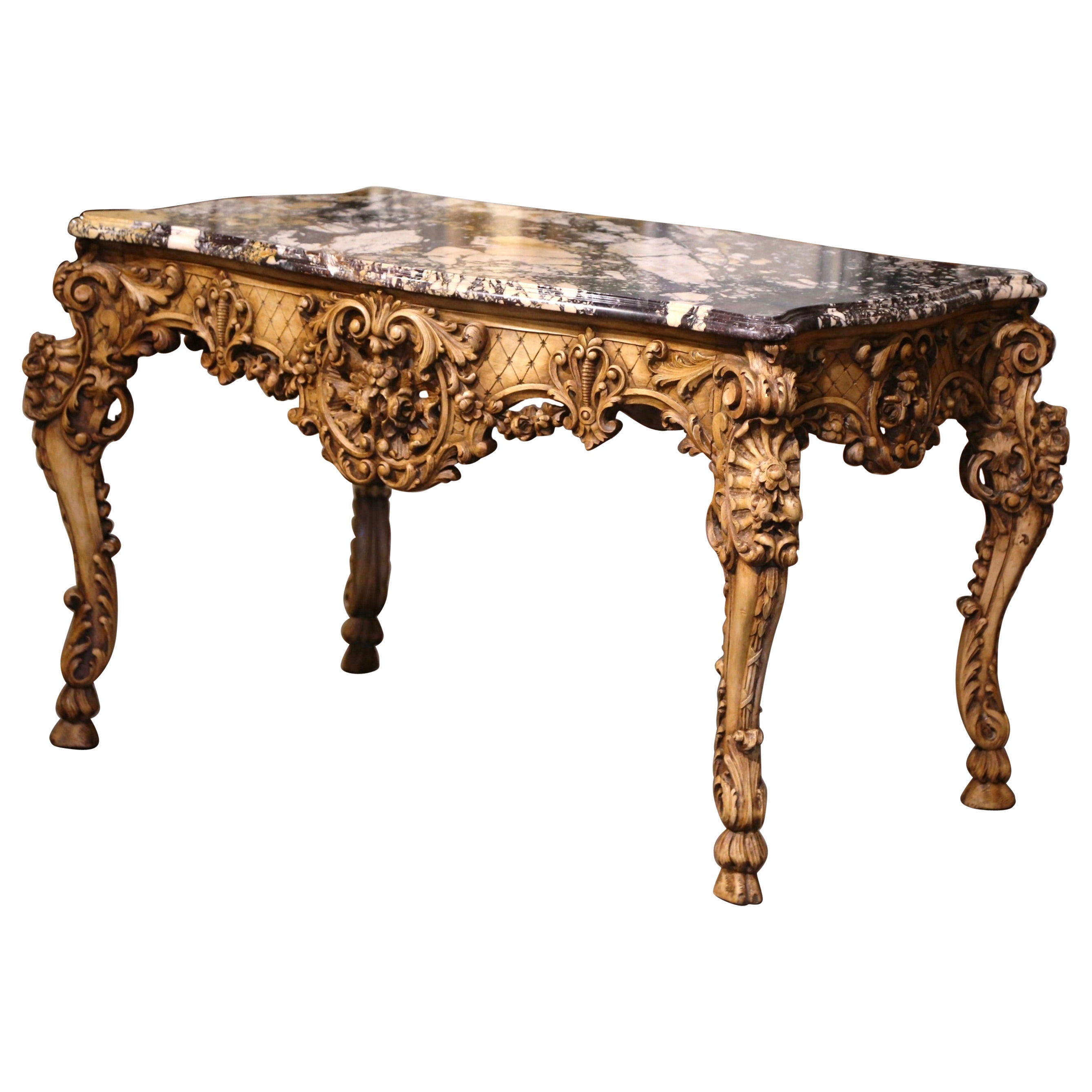 19th Century French Louis XV Marble Top Carved Bleached Walnut Console Table 