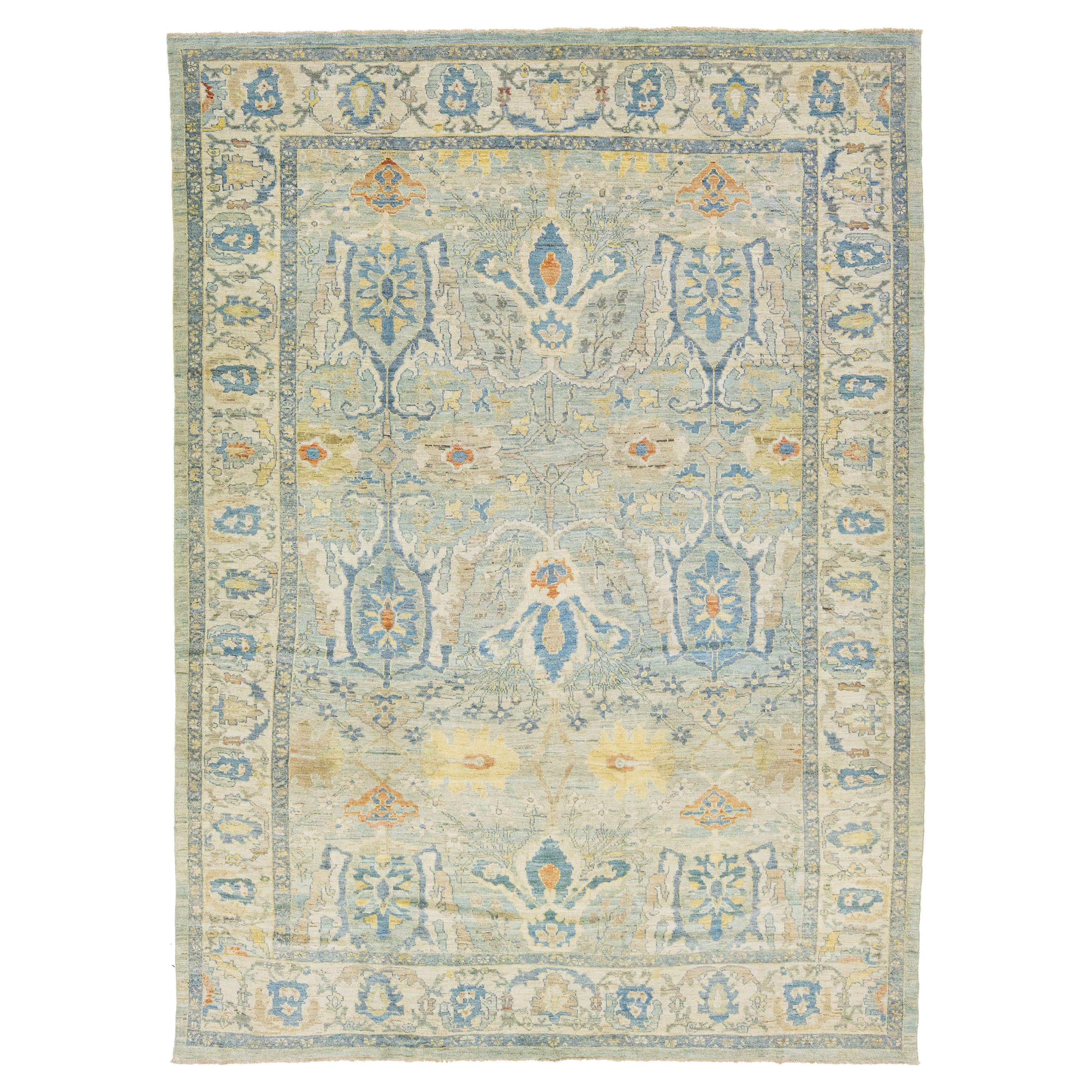 Modern Blue Sultanabad Wool Rug Handmade Allover Floral  For Sale