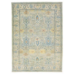 Modern Blue Sultanabad Wool Rug Handmade Allover Floral 