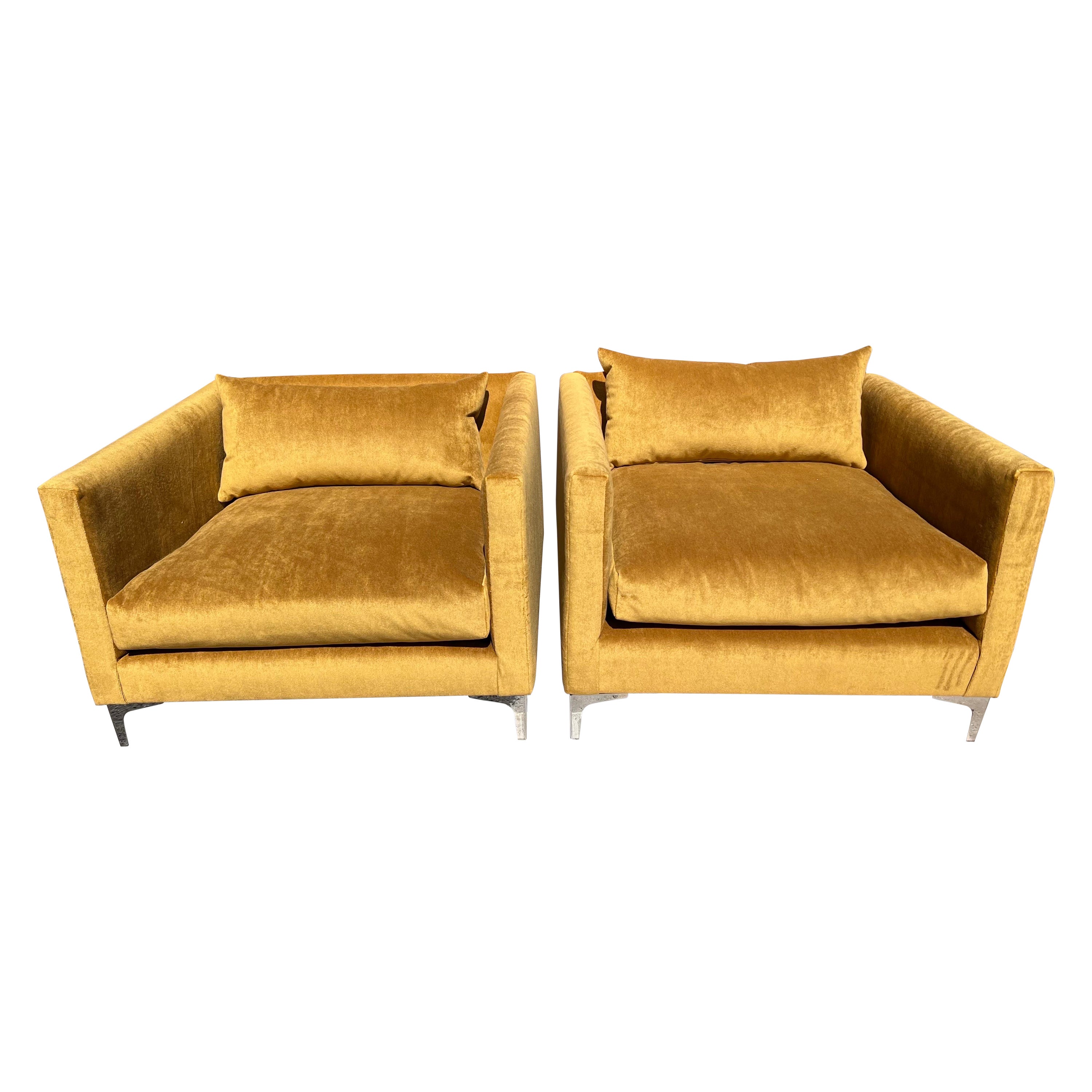 Pair of Yellow Gold Mohair Velvet Oversized Upholstered Cube Club Chairs