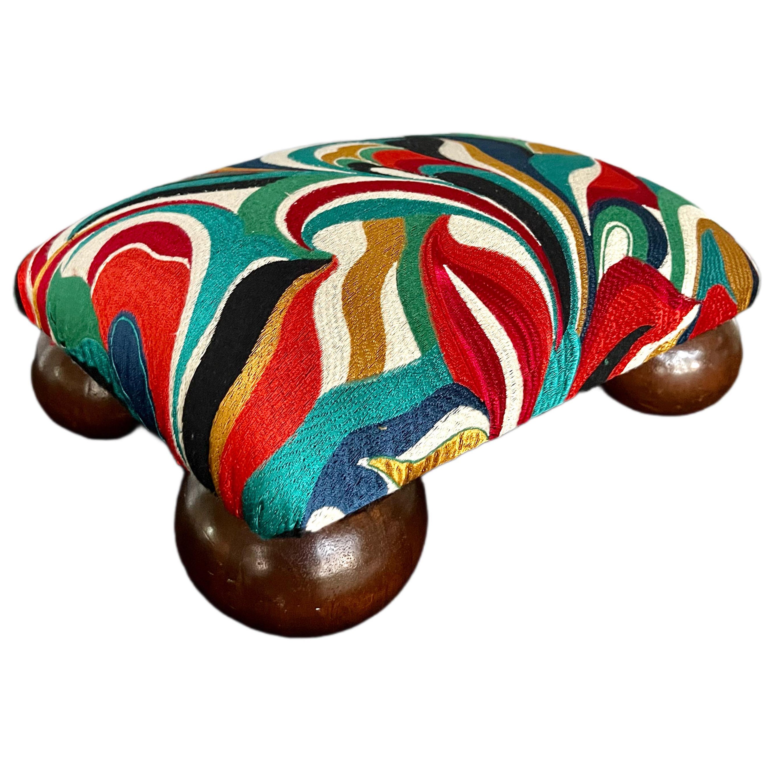 Refinished Mid-Century Modern Footstool with Abstract Multicolor Embroidered Fab For Sale