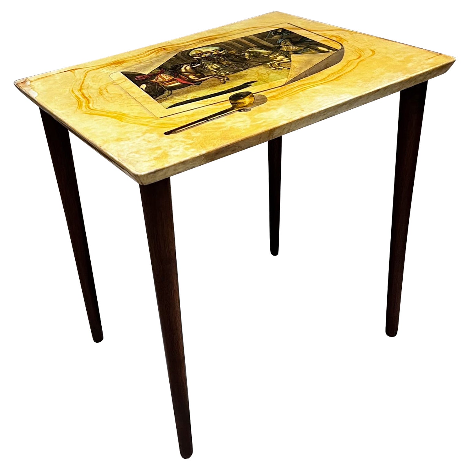  1950s Aldo Tura Fornasetti Art Side Table Goatskin Mahogany Italy For Sale